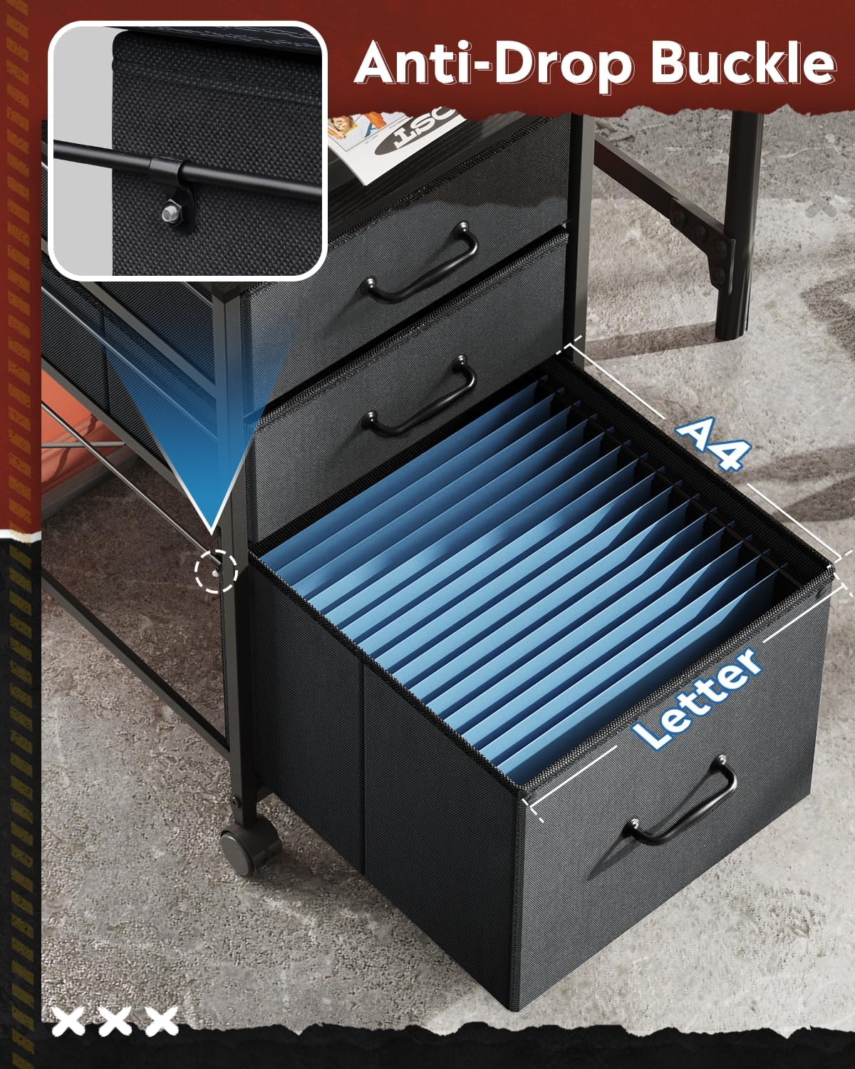 DEVAISE Mobile File Cabinet, Rolling Printer Stand with 3 Drawers, Fabric Vertical Filing Cabinet fits A4 or Letter Size for Home Office, Black