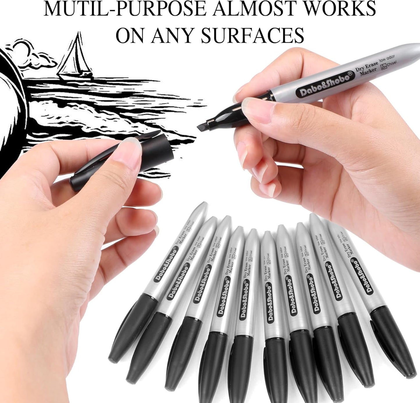 Dabo&Shobo Dry Erase Markers, 100 Count Black Whiteboard Markers, New Barrel Color, Low Odor, Chisel Tip, Suitable for School, Office, or Home