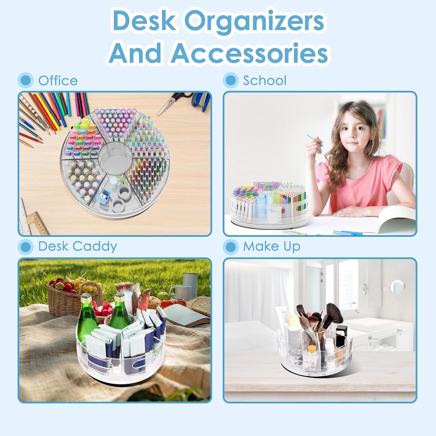 2 Packs Pen Organizer for Desk - Acrylic Pen Holder with Hand Grips, 360° Extra Large Rotating Desk Organizer with 7 Removable Compartments for Office, Home, and Makeup Storage