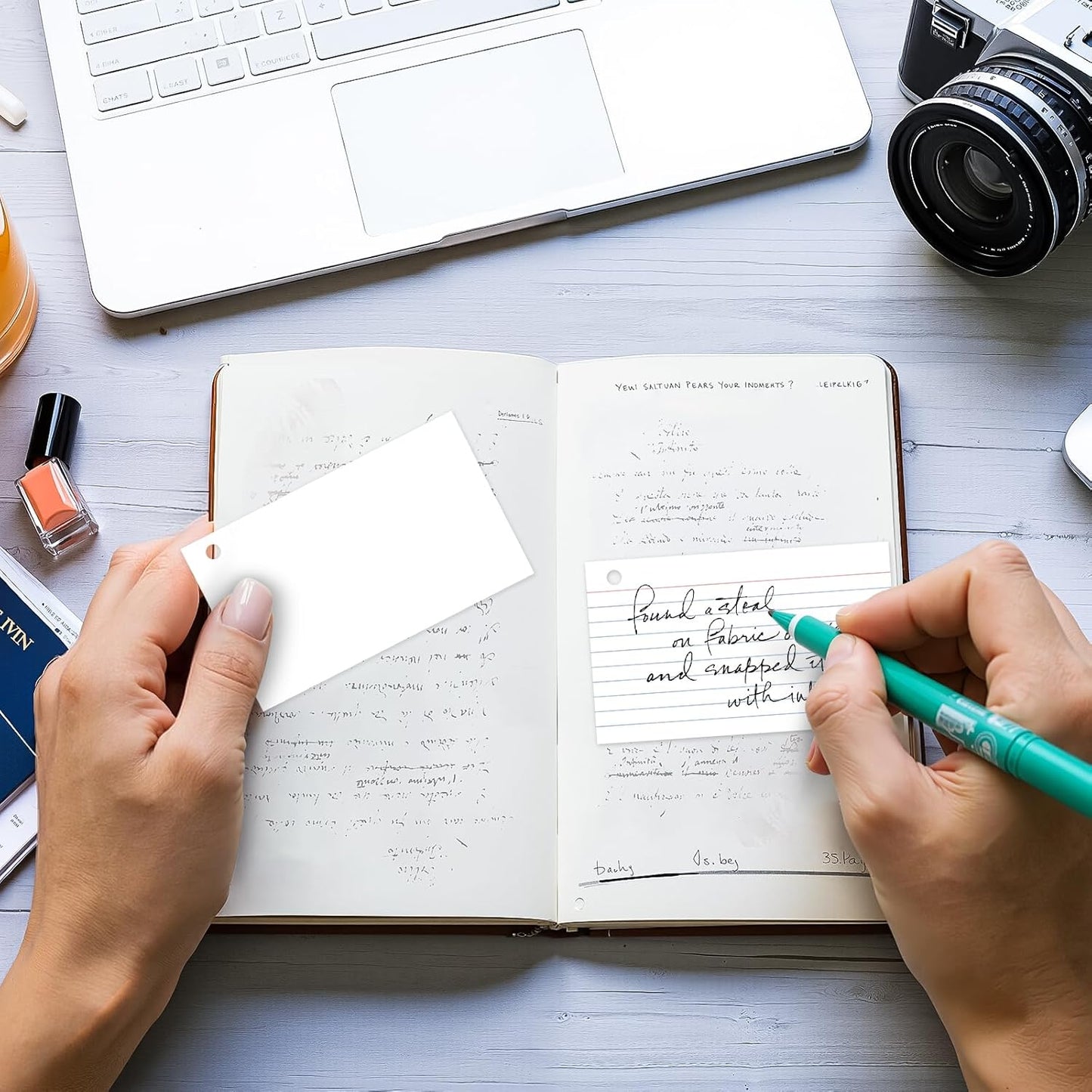 250 Count White Index Cards 3x5 Inch with Key Ring, 180gsm Heavyweight Flash Card (50 Sheets Each), Durable & Portable Note Taking for Students, Teachers, Study Note Cards for Office Home School