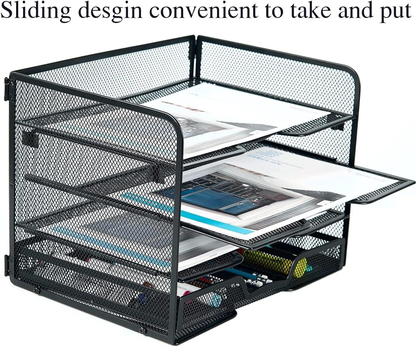 SETTFRFE 4 Tier Mesh Paper Letter Tray,Desk File Organizer with A Sliding Drawer,Office Supplies Desk Organizer for Home Office,Black.