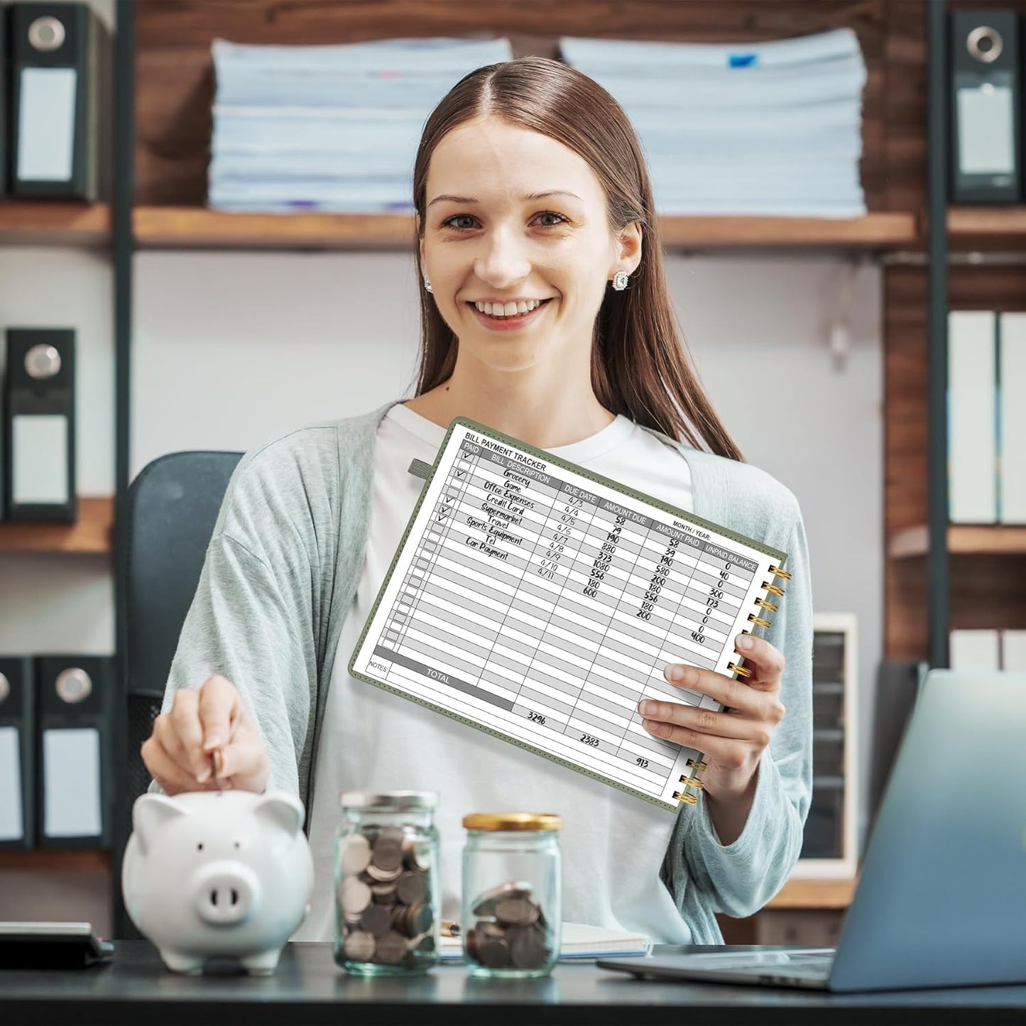 HAUTOCO Hardcover Bill Tracker Notebook Horizontal Monthly Bill Payment Organizer for Personal Budgeting Home Finance with 2 Storage Pocket Expense Checklist Tracking Planner 10.78 x 8'', Olive Green