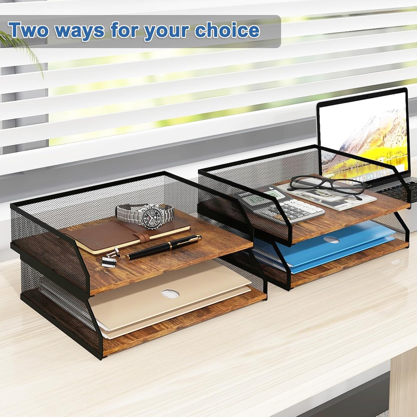 Natwind 2-Tier Stackable Paper Tray, Metal Mesh Desktop Organizer, Paper Sorter, Letter Trays,File Document Storage Rack for for Home, Office, School (Retro)