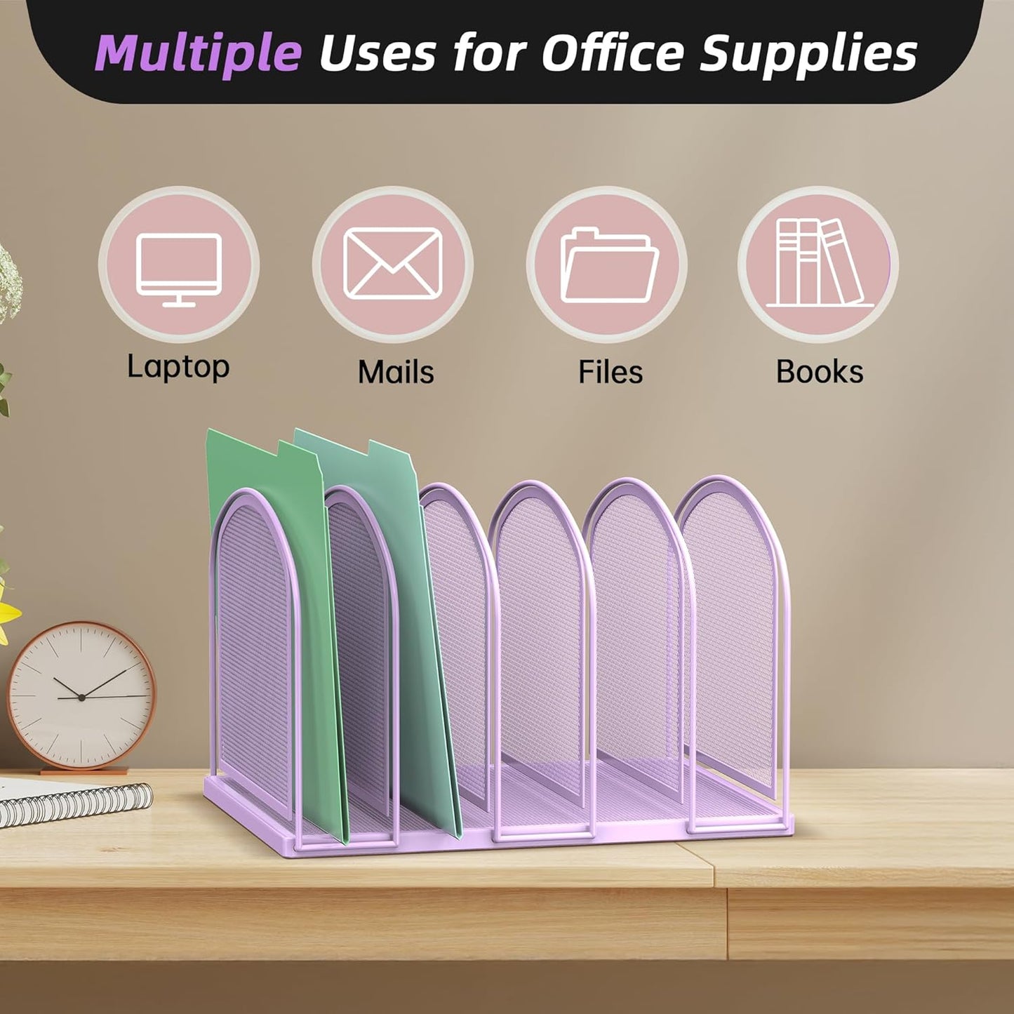 SUPEASY File Organizer 5-Section Mesh Desk Organizer, Upright File Organizer Desktop Organizer File Sorter, File Folder Holder for Office Supplies, Purple