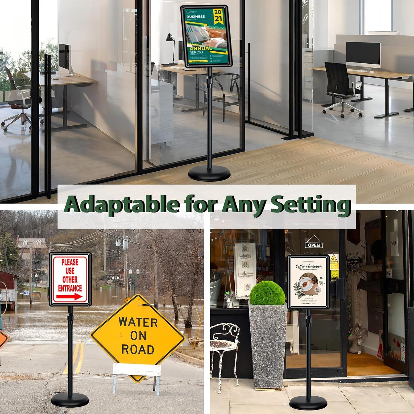 11x17 inches Poster Stand Holder Adjustable Pedestal Floor Standing Sign Holder Vertical and Horizontal View Sign Display, Aluminum Snap Open Frame with Safety Corner, Black