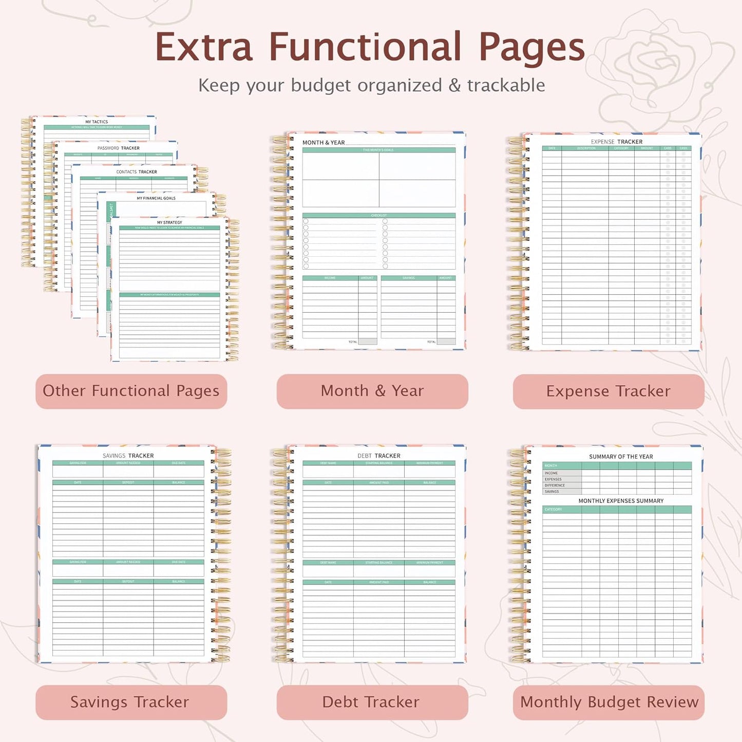 Ospelelf Budget Planner - Monthly Budget Book with Expense Tracker Notebook, Undated 12 Month Bill Organizer & Finance Planner, A4 Account Book with 12 Index Pockets, Zipper Pouch, Stickers Floral 2
