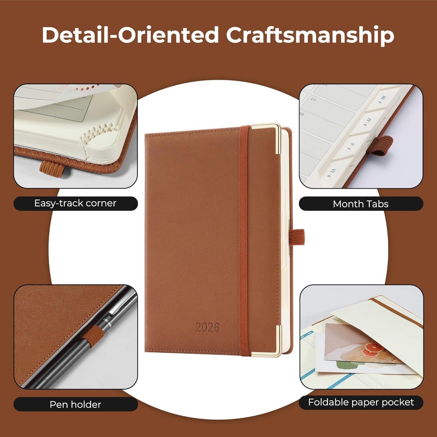 Daily Planner 2026 with One Page Per Day,(A5-8.5" x 5.9"),12 Months Calendar Hourly Appointment Book Monthly Tabs & Self-adhesive Pen Holder,Inner Pocket, Vegan Leather Hardback,Brown