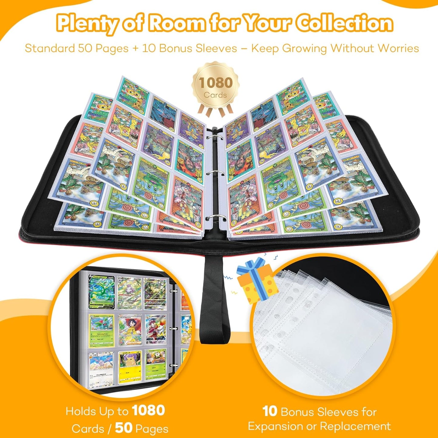 1080-Card Binder – 9-Pocket Trading Card Album with 60 Removable Double-Sided Pages, Water-Resistant PU Leather Zipper Case with Wrist Strap, Fits MTG & Sports Cards – Collector Gift Organizer