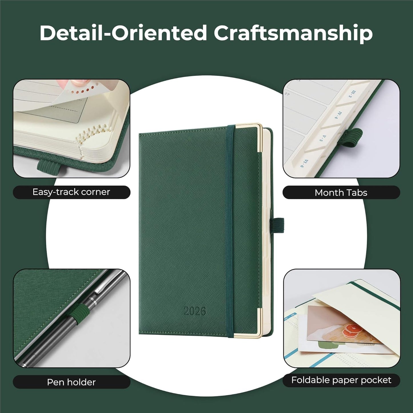 Daily Planner 2026 with One Page Per Day,(A5-8.5" x 5.9"),12 Months Calendar Hourly Appointment Book Monthly Tabs & Self-adhesive Pen Holder,Inner Pocket, Vegan Leather Hardback,Green