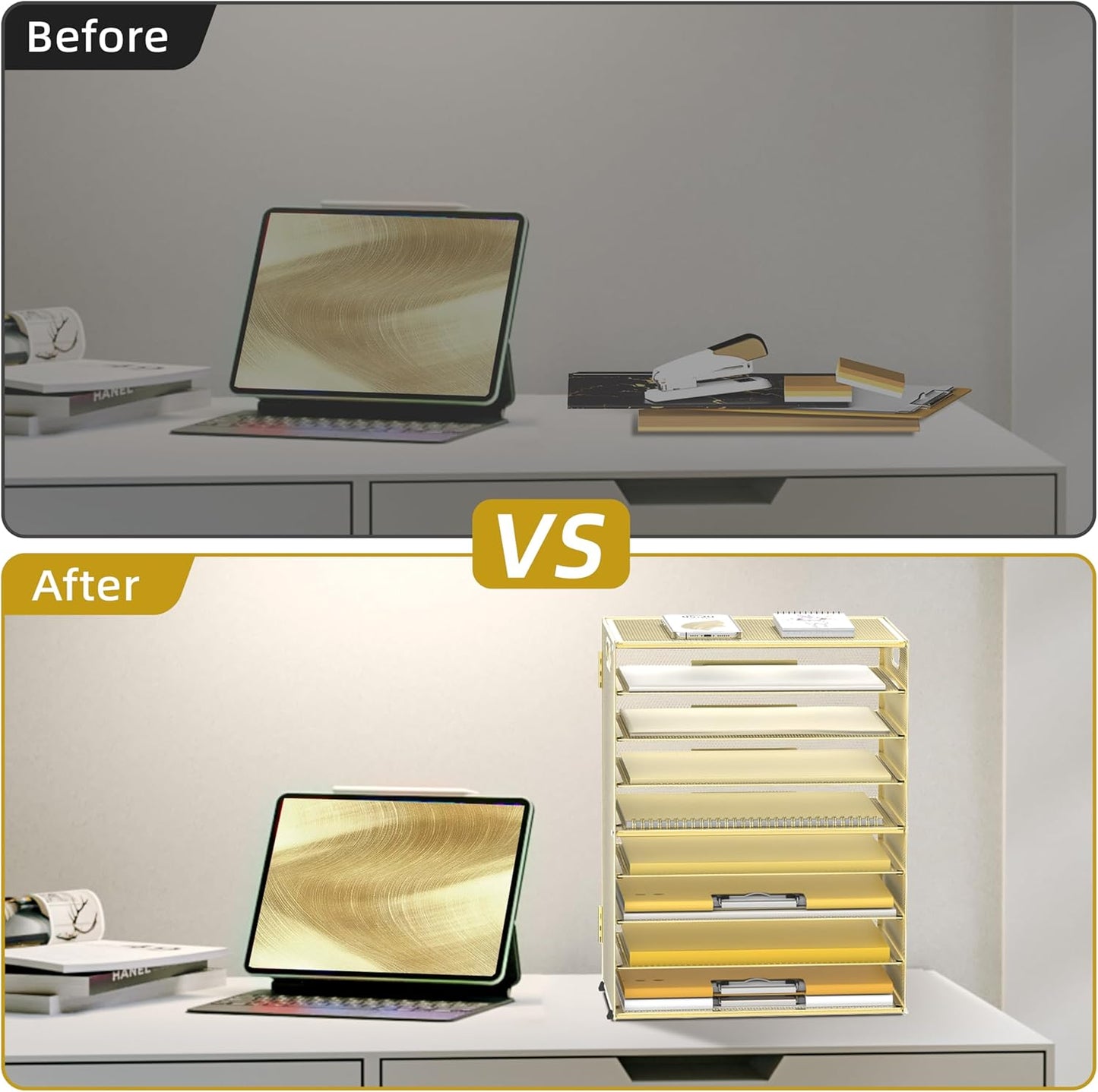 DALTACK 9-Tier Paper Letter Tray Desk Organizer with Handles, Mesh File Holder Organization, File Organizer for Desk Paper Sorter for Office Home School, Gold