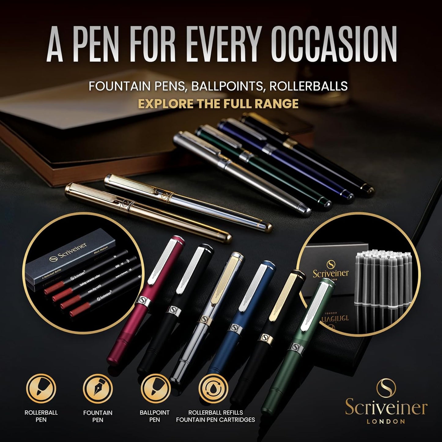 Scriveiner Stainless Steel Rollerball Pen - Stunning Luxury Metal Pen with Silver Chrome Finish, Schmidt Ink Refill, Best Roller Ball Pen Gift Set for Men & Women