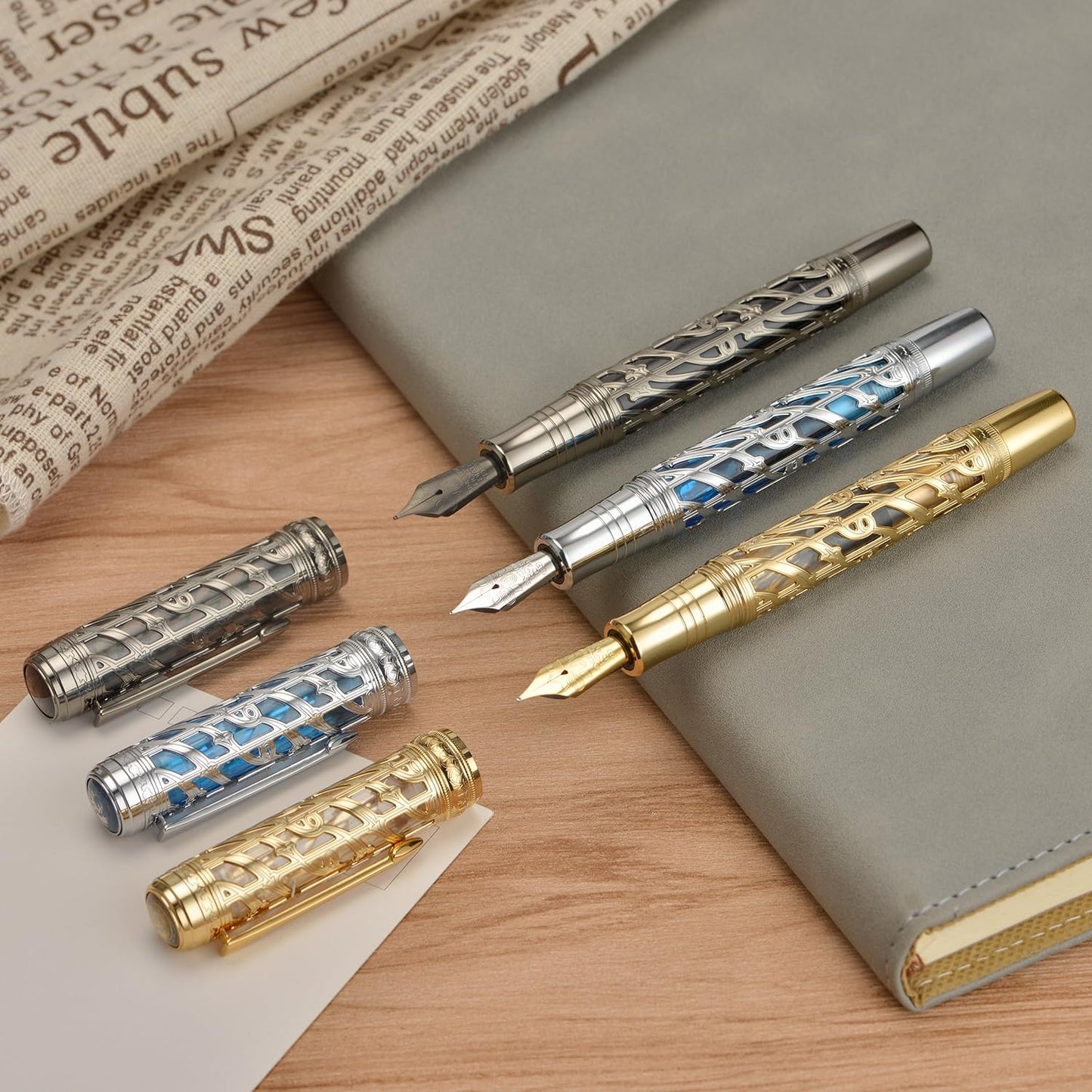 Hongdian A6 Piston Fountain Pen Extra Fine Soft Nib, Jet Black Hollow Skeleton & Resin Pen with Metal Case Set