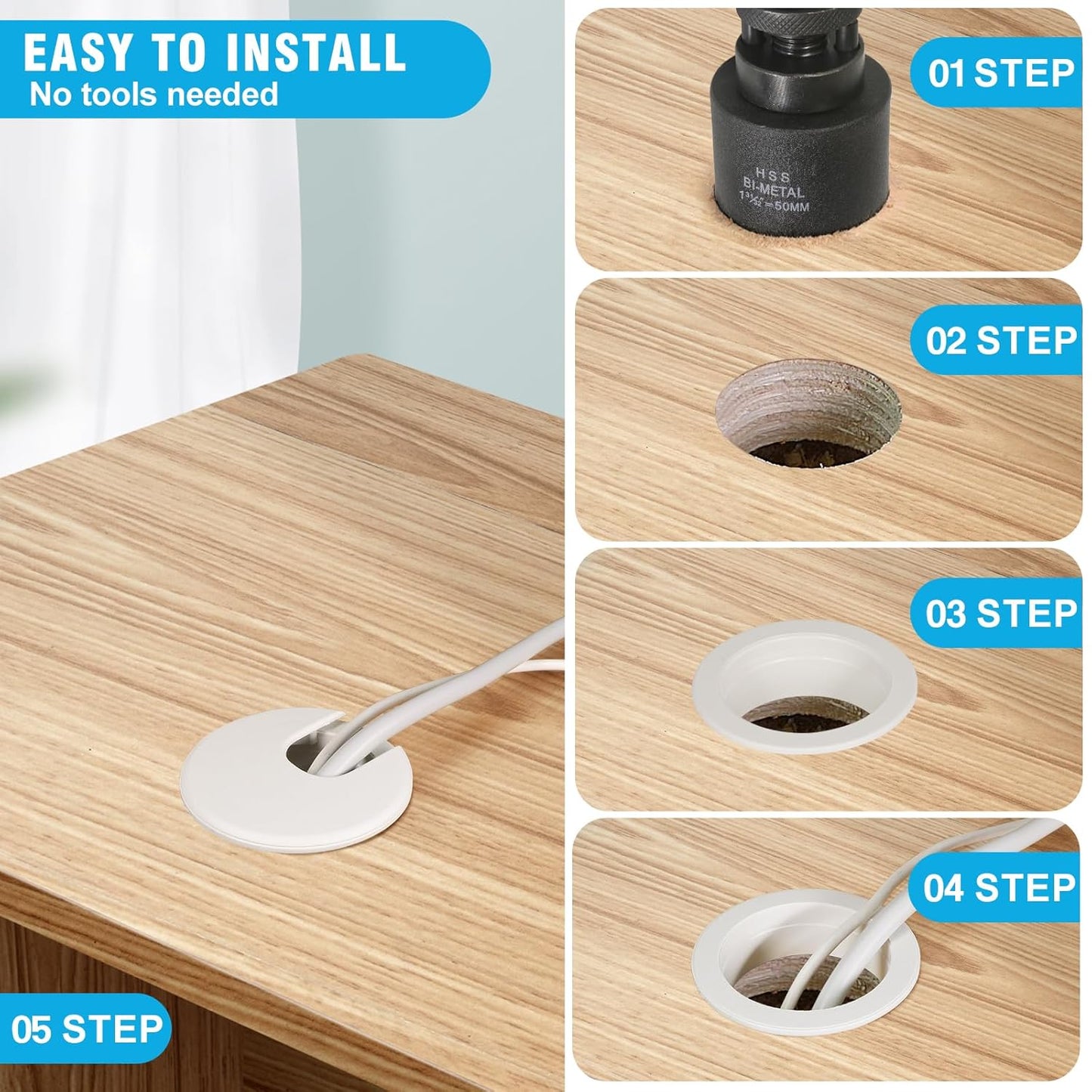 2" White Desk Grommet with Bi-Metal Hole Saw, JTemgle Plastic Cable Hole Cover Computer Table Cord Wire Organizer Caps, Desktop Cord Management for Home Office TV Stands Tabletops, 13 Pieces