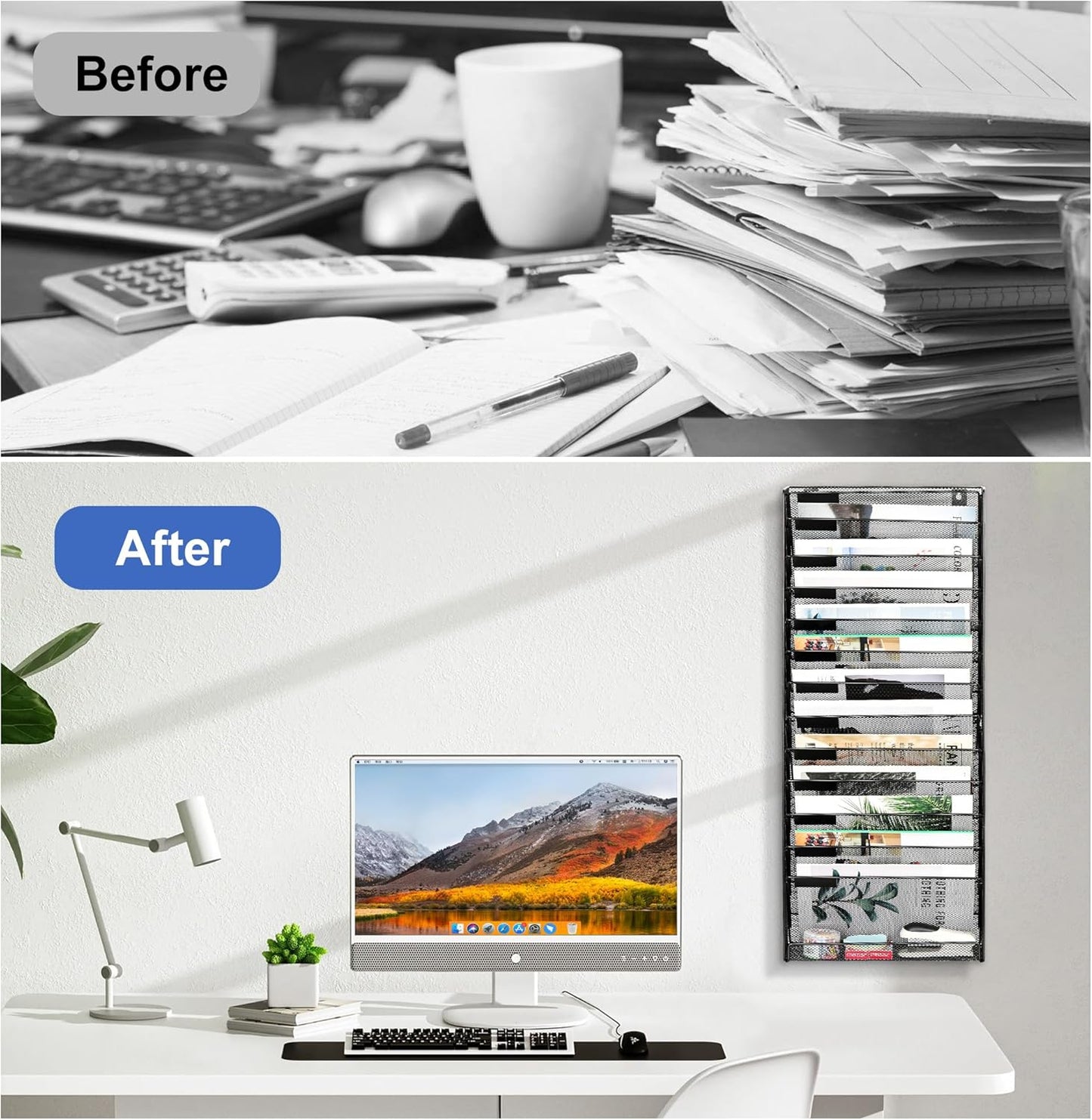 EasyPAG Wall File Holder Organizer 14 Tier Mesh Hanging Wall Mounted Document Paper Folder Filing Magazine Rack with Nametag Label for Office Home School, Black