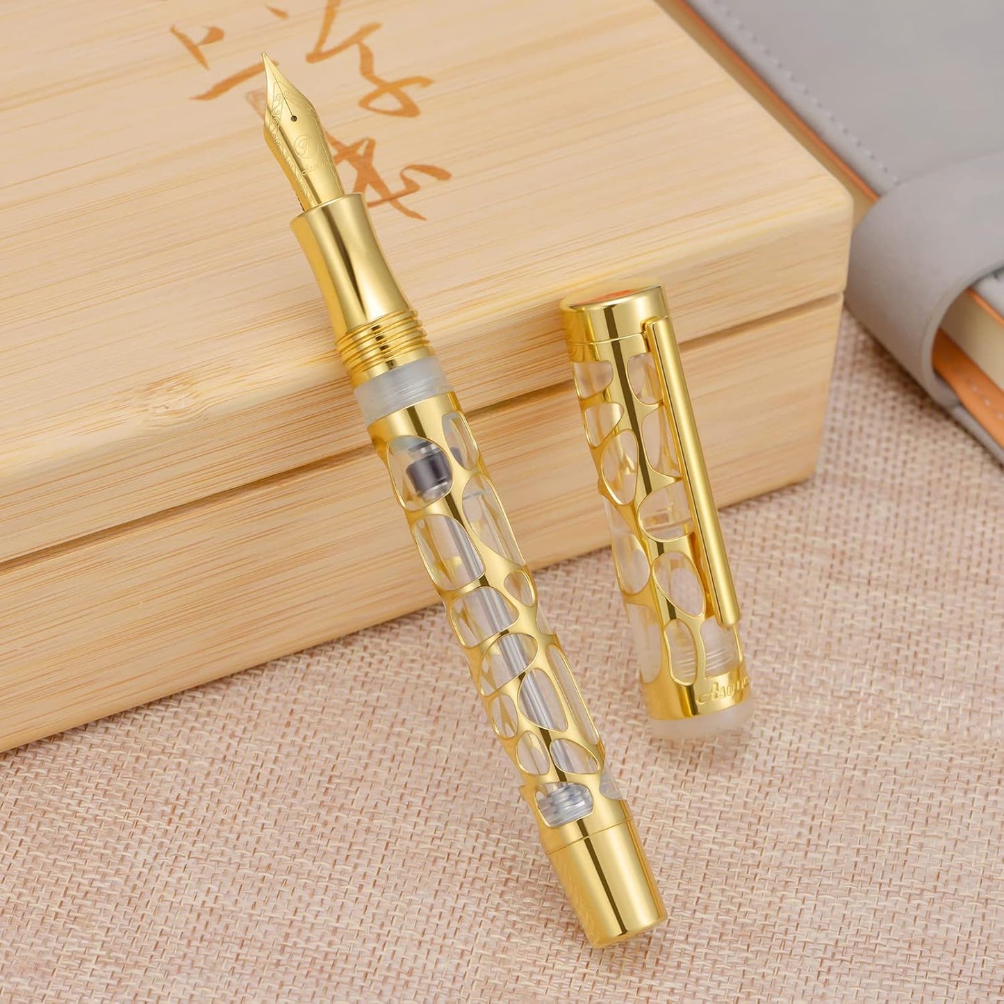Asvine V169 Vacuum Filling Fountain Pen Extra Fine Nib, Water Drop Skeleton Overlay Gold Trim Transparent Clear Acrylic Pen Case Set