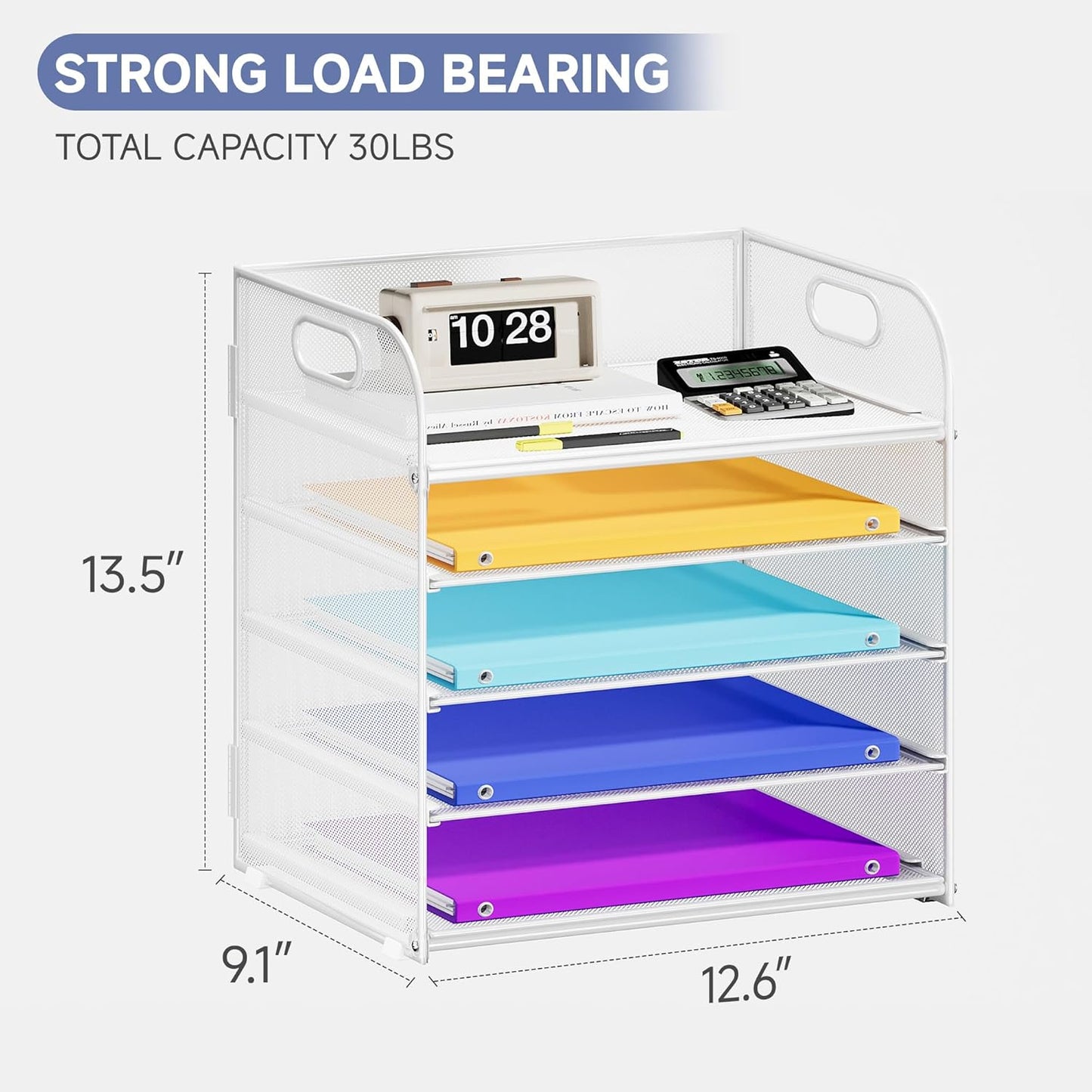 5 Tier Paper Organizer with Handle, Metal Mesh Desk Organizer File Folder Paper Letter Tray Desktop Document Sorter for Classroom, School, Office Accessories Organization and Storage - White