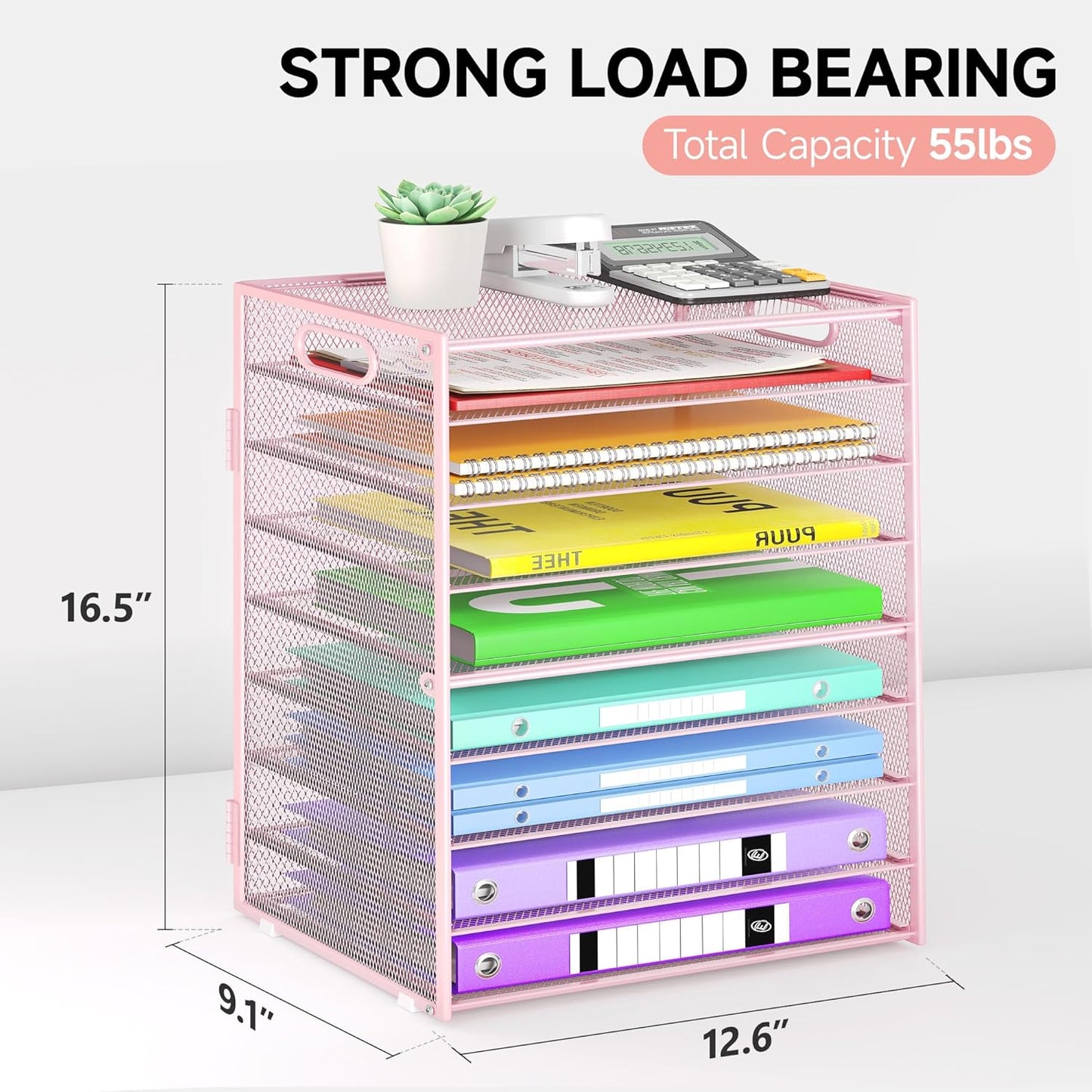 9 Tier Paper Organizer with Handle, Large Capacity Desk Organizer Mesh File Folder Letter Paper Tray Desktop Document Sorter for Classroom, School, and Office Accessories Organization- Pink