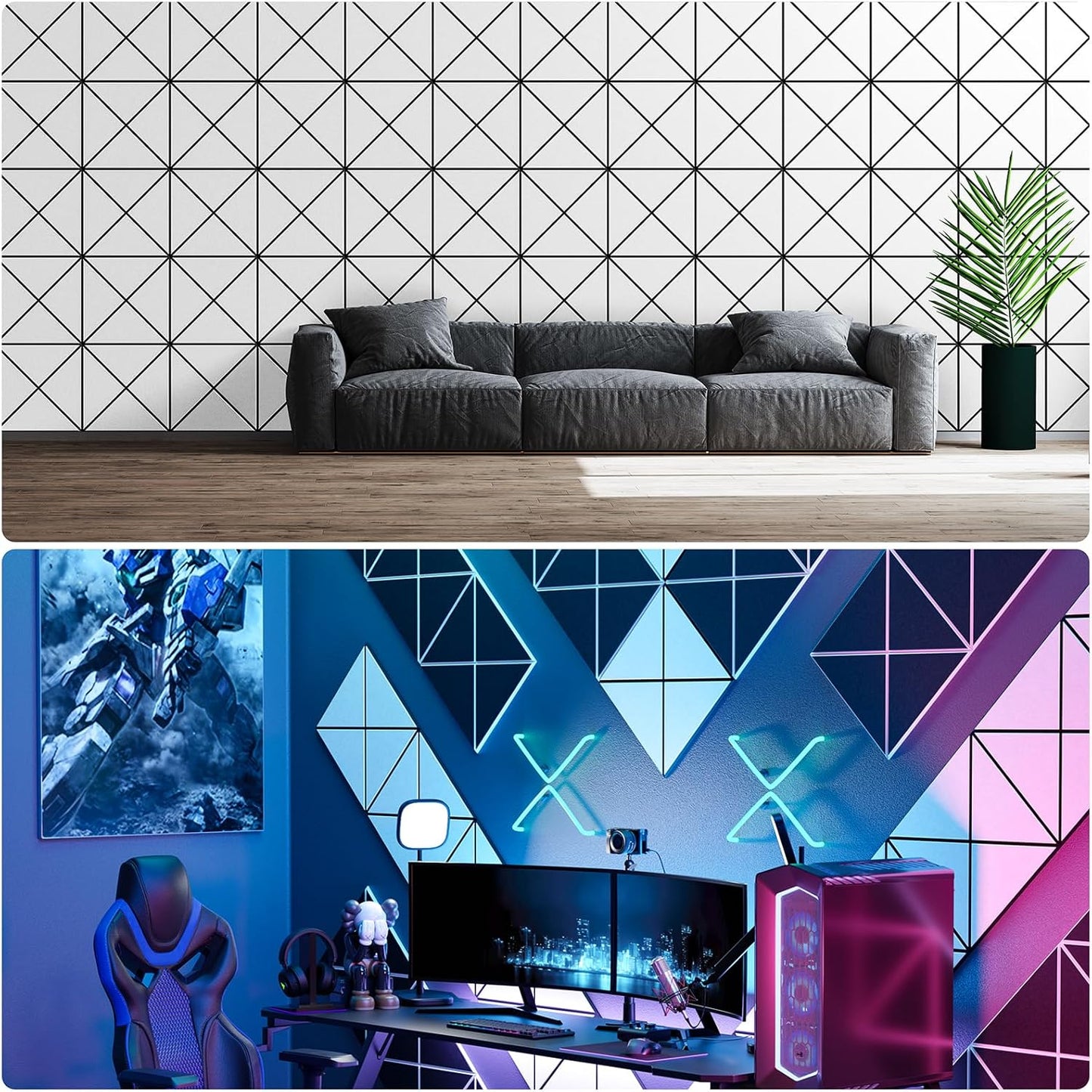 22 Pack X-Line Design Acoustic Panels, 12" X 12" X 0.4" Self-Adhesive Sound Proof Foam Panels for Walls, Soundproof Wall Panels for Home & Office (White on Black)