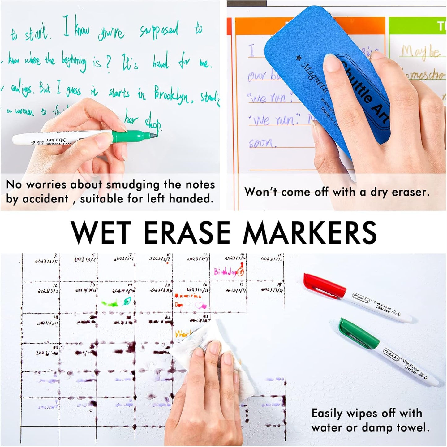 Shuttle Art Wet Erase Markers, 15 Colors 1mm Fine Tip Smudge-Free Markers, Use on Laminated Calendars,Overhead Projectors,Schedules,Whiteboards,Transparencies,Glass,Wipe with Water