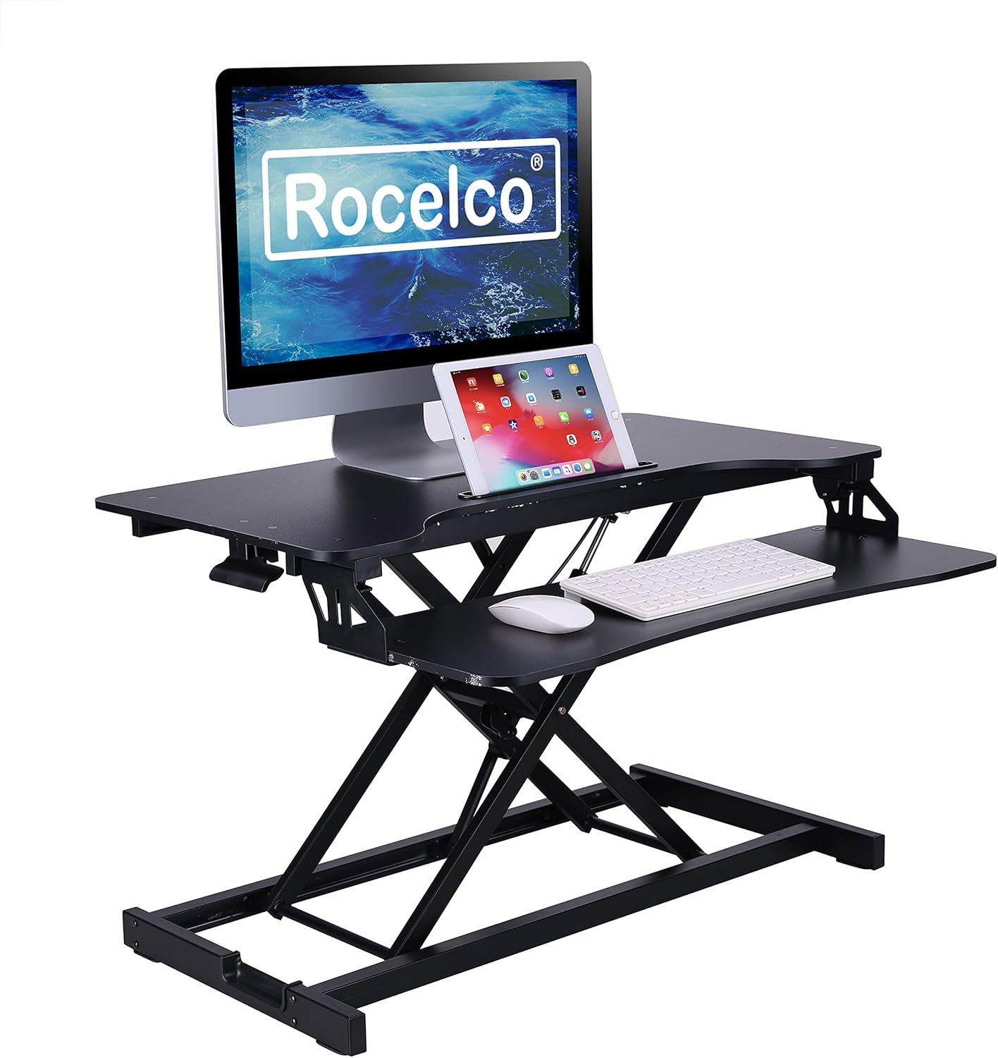 Rocelco Standing Desk Converter and Floor Mat - 31.5 Inch Sit Stand Up Dual Monitor Tabletop Riser with Tablet Mount, Height Adjustable Workstation - Deep Keyboard Tray - Black (R VADRB-MAFM)