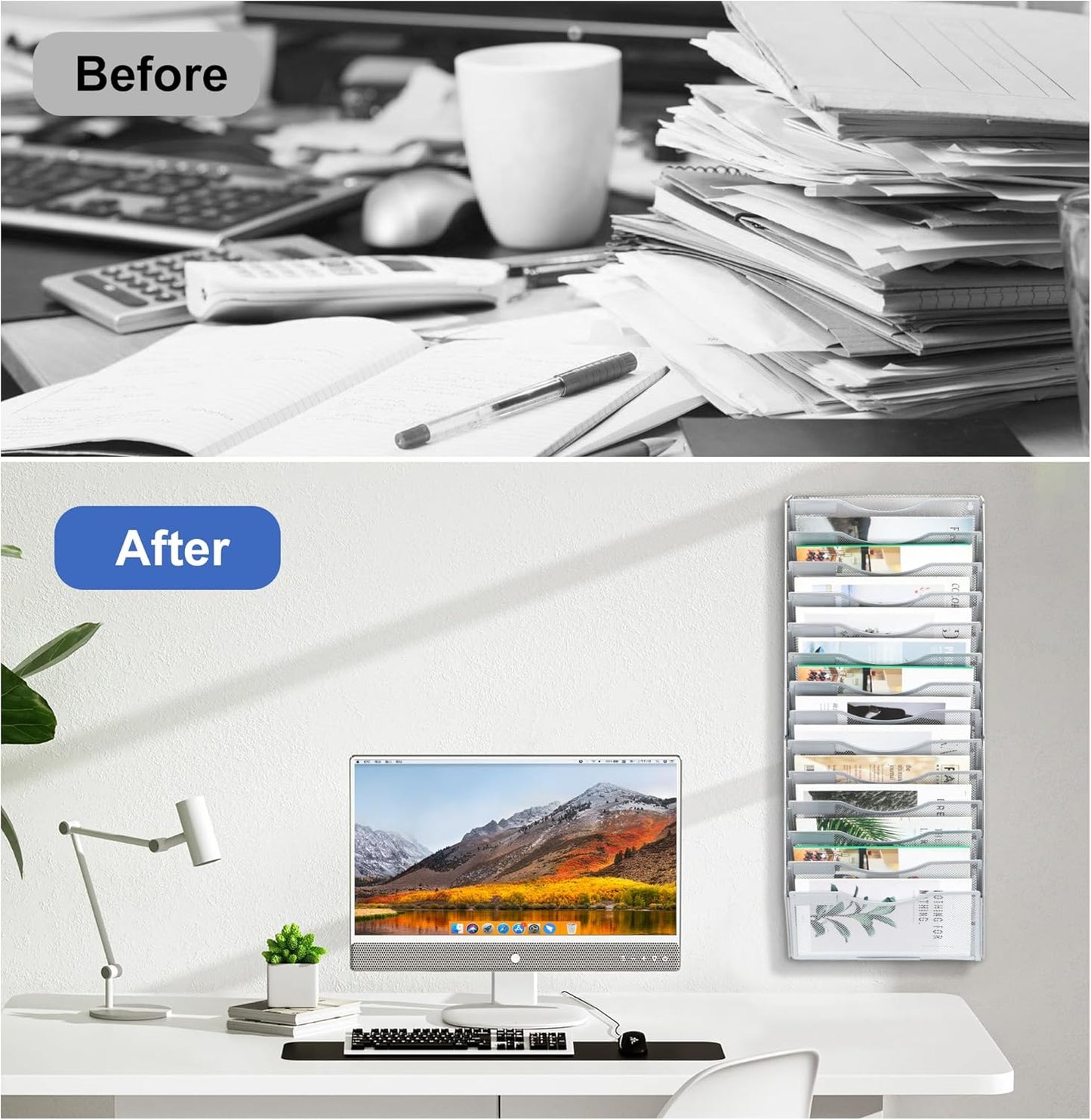 EasyPAG Wall File Holder Organizer 14 Pocket Mesh Hanging Wall Mounted Document Paper Folder Filing Magazine Rack with Nametag Label for Office Home School, Sliver