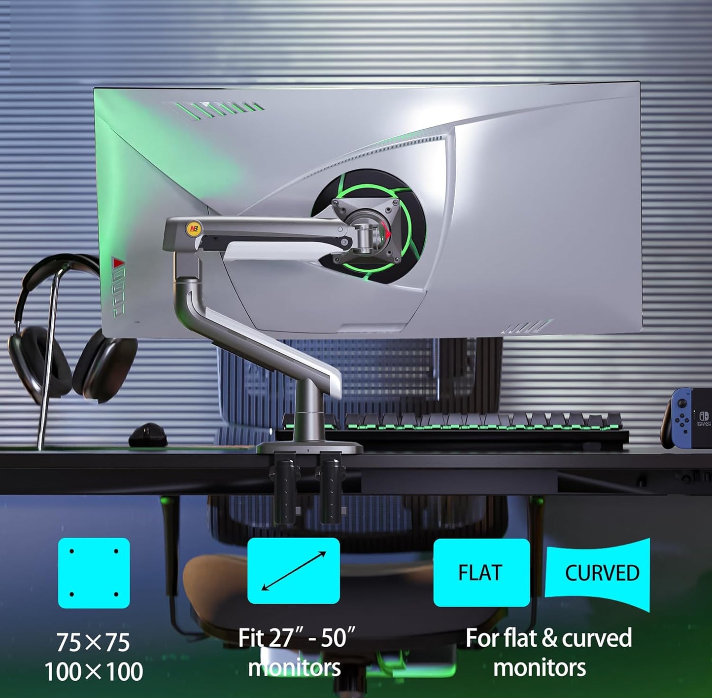 Gaming Monitor-Arm for Flat/Ultrawide/Curved Monitors 27'' to 50 inch, Heavy Duty Mount Load up to 18 kg, VESA 75/100 mm Monitor-Mount A5