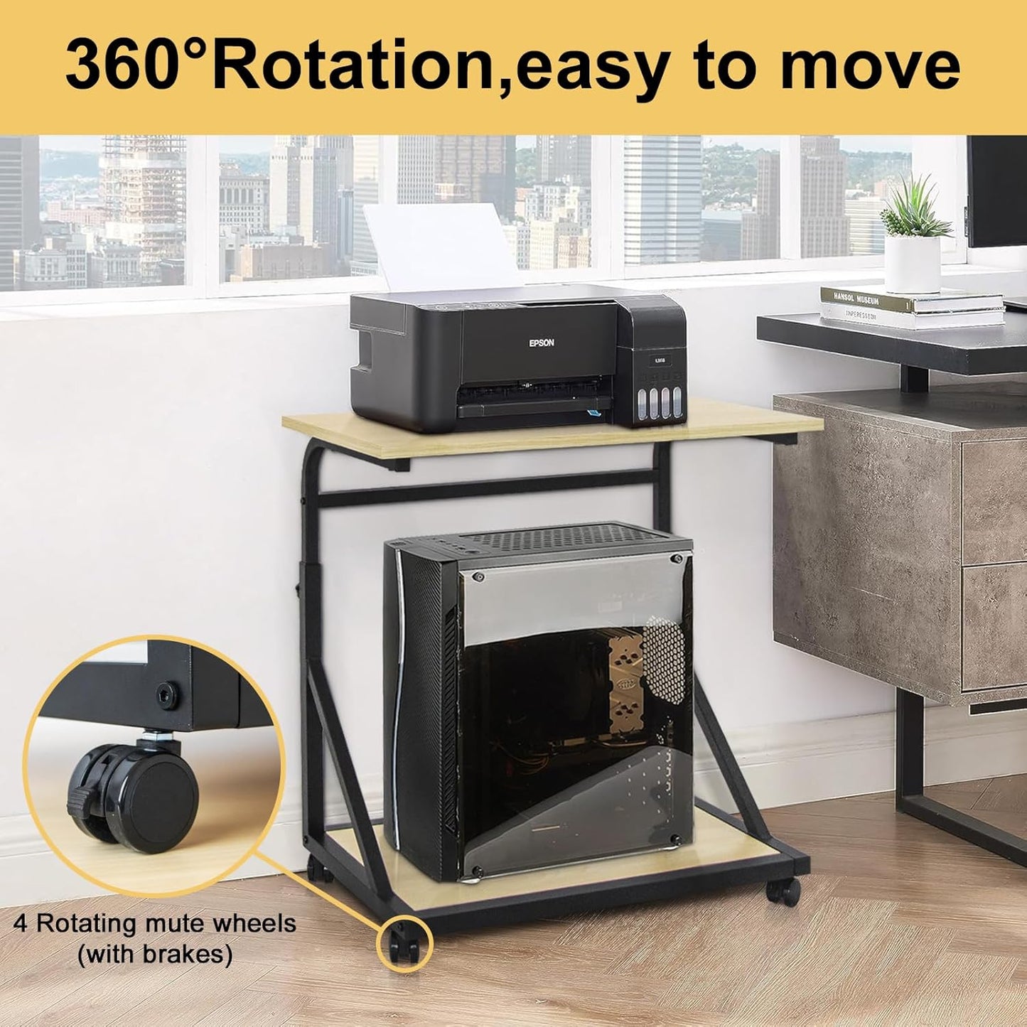 Computer Tower Stand, 2-Tier CPU Stand with Lockable Wheels, Adjustable Height PC Stand for Floor, Mobile PC Laptop Standing Table for Home Office (White Maple)