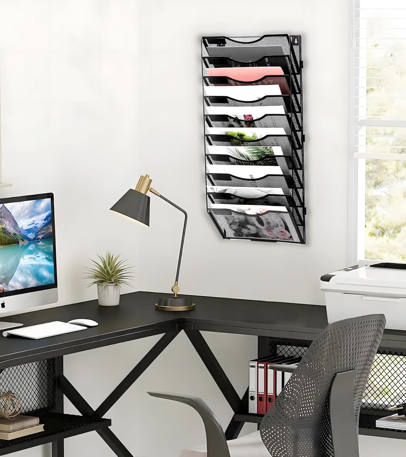 EasyPAG Wall File Holder Organizer 10 Pocket Mesh Hanging Wall Mounted Document Paper Folder Filing Magazine Rack with Nametag Label for Office Home School, Black