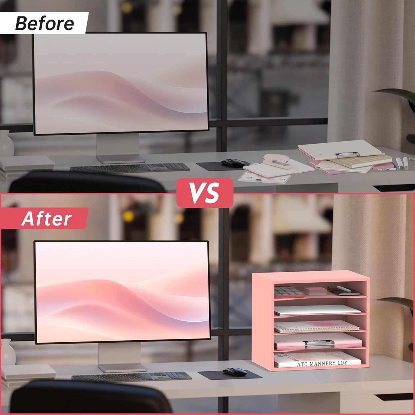 SUPEASY Wood Desk Organizer, 5 Tier Paper File Organizer for Desk, Wooden Desktop Organizer, Paper Letter Literature Mail Sorter, for Office School & Home Organization, Pink