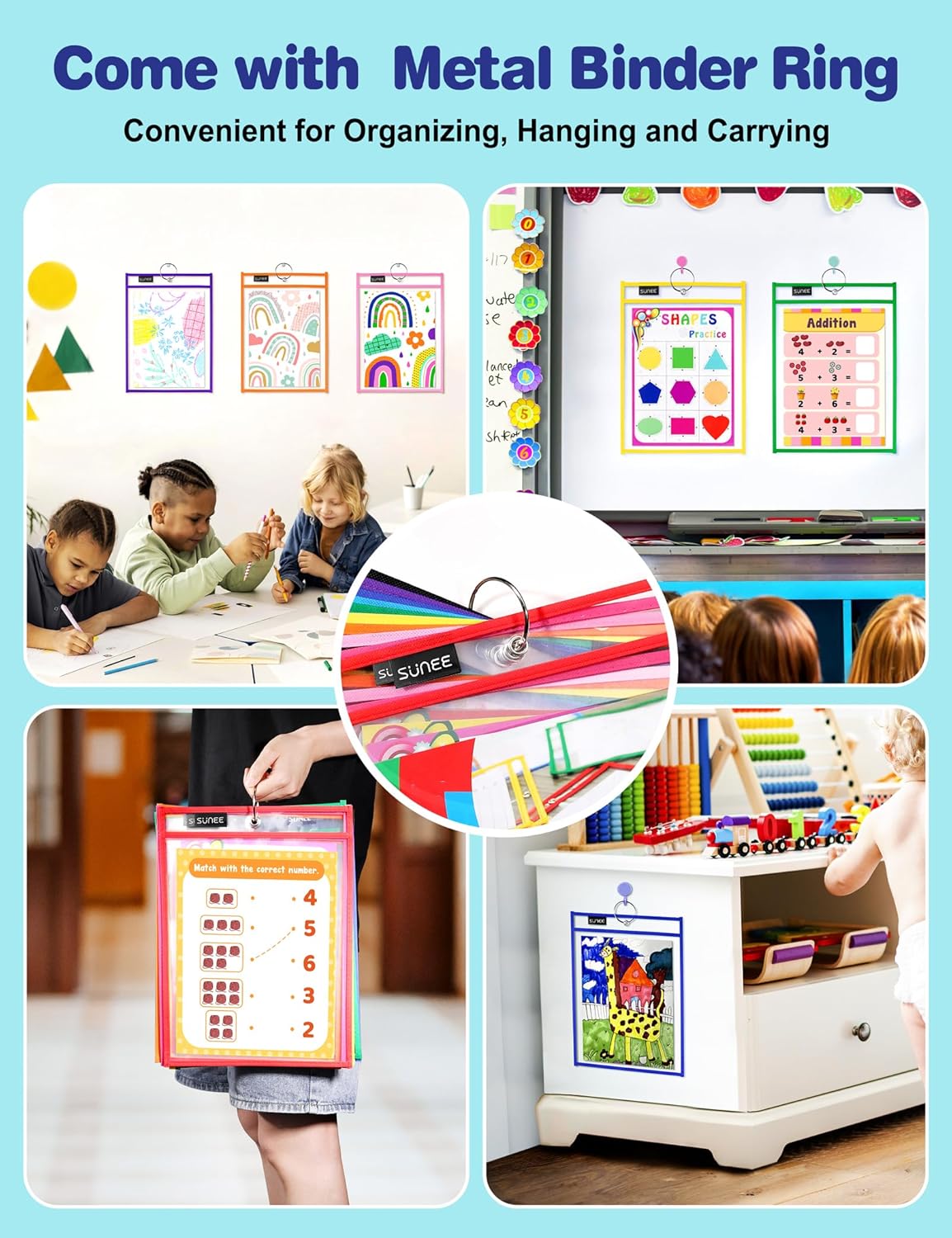 SUNEE 6 Packs Oversized Reusable Dry Erase Pocket Sleeves with Binder Ring, 6 Assorted Colors 10x14 Ticket Holders, Clear Plastic Sheet Protectors, Teacher School Classroom Supplies