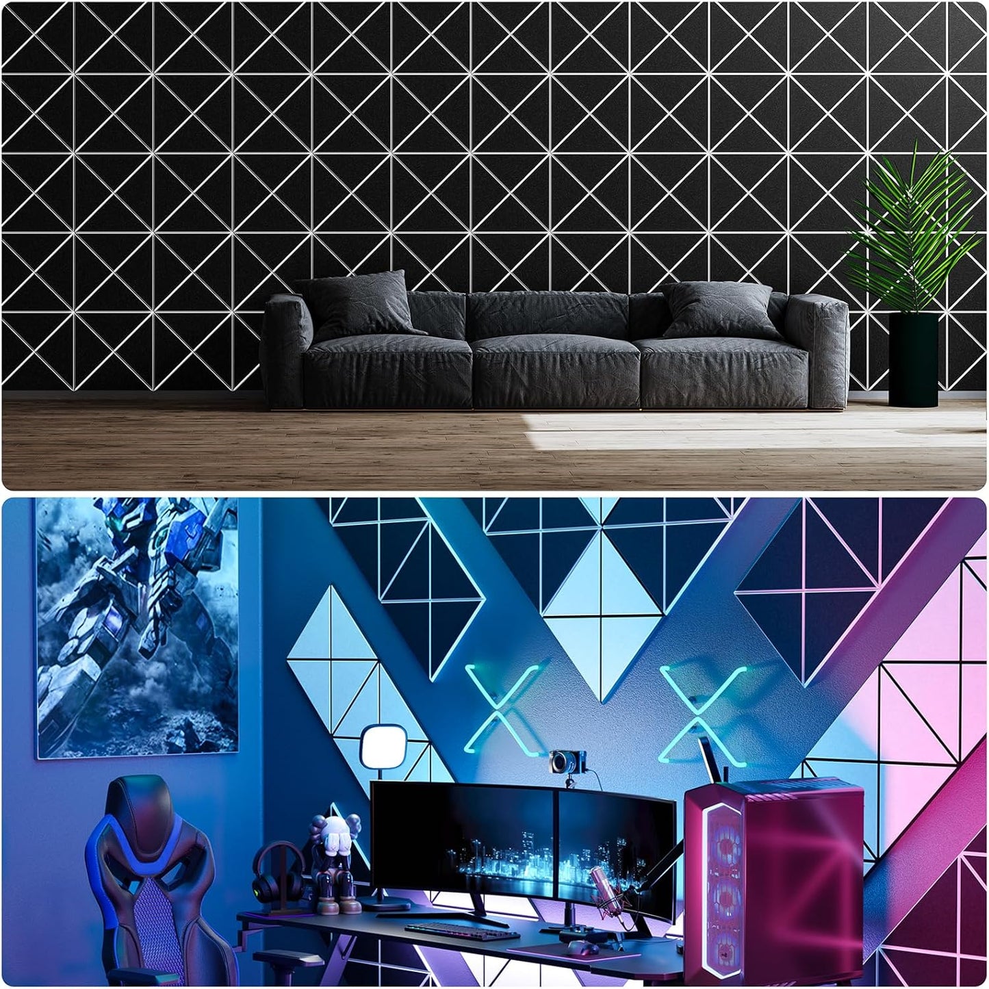 22 Pack X-Line Design Acoustic Panels, 12" X 12" X 0.4" Self-Adhesive Sound Proof Foam Panels for Walls, Soundproof Wall Panels for Home & Office (Black on White)