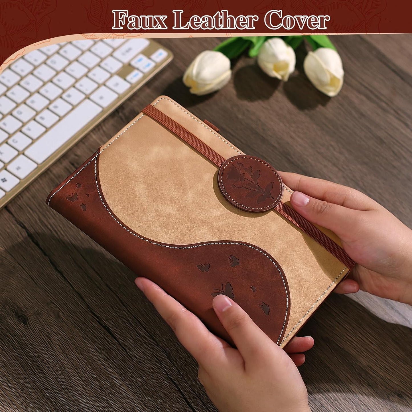 Lined Journal Notebook, A5 Hardcover Leather Journal for Men Women, 200 Pages 100 GSM Thick Paper, Journaling Notebooks for Work School Travel Note Taking, Beige & Brown