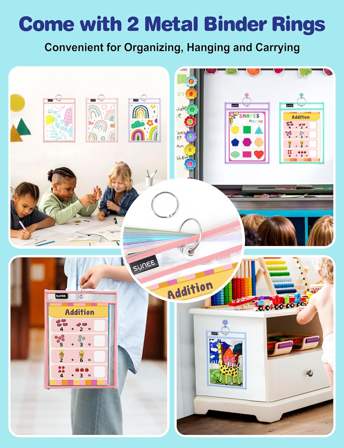 SUNEE 6 Packs Oversized Reusable Dry Erase Pocket Sleeves with Binder Ring, 6 Morandi Colors 10x14 Ticket Holders, Clear Plastic Sheet Protectors, Teacher School Classroom Supplies