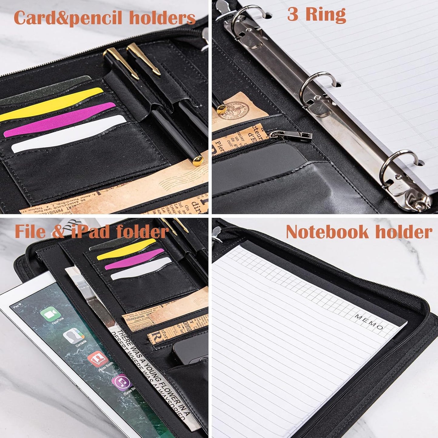 Calfinder 3 Ring Portfolio Binder,PU Leather Padtfolio Binder with Zipper,Padfolios for Women&Men,Professional Business Portfolio Organizer for Resume/Interview, A4 Letter Document Organizer