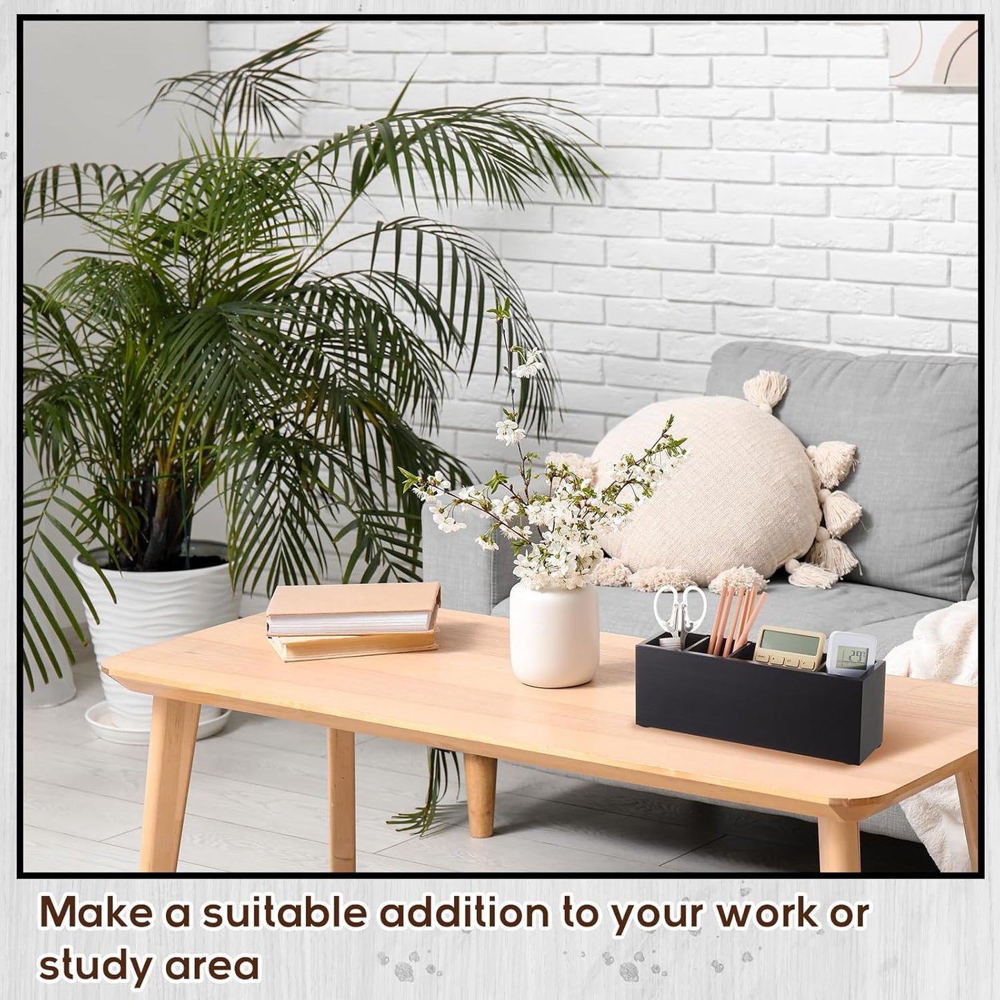 Jetec Wooden Pencil Holder 5 Compartments for Desk Adjustable Pen Holder Wood Office Desk Organizers and Accessories Makeup Brush Organizer for Pen, Home, Office and Art Supplies(Black)