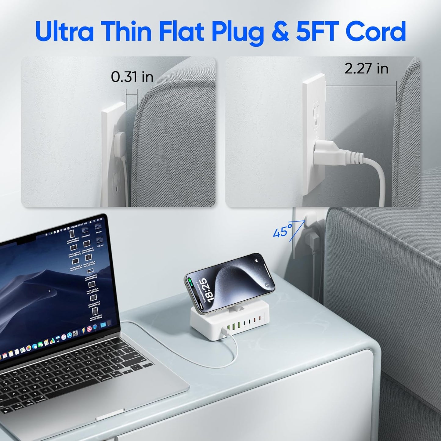 160W USB Charging Station Power Strip, 11-in-1 USB C Charger Block, 2AC Outlets with 8USB Ports(4USB-C), 5FT Flat Plug Extension Cord, Fast Charging Desktop Charger for Home Office Dorm Room, White