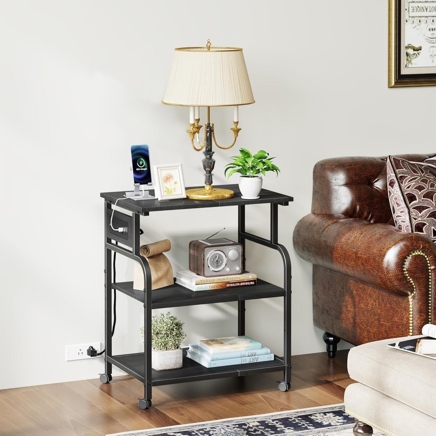 3 Tier Large Printer Stand with Power Outlet/Adjustable Storage Shelf, Rolling Cart with Wheels, Printer Table for Home Office 3D Printer/Heat Press/Laster, 22"×15" Black