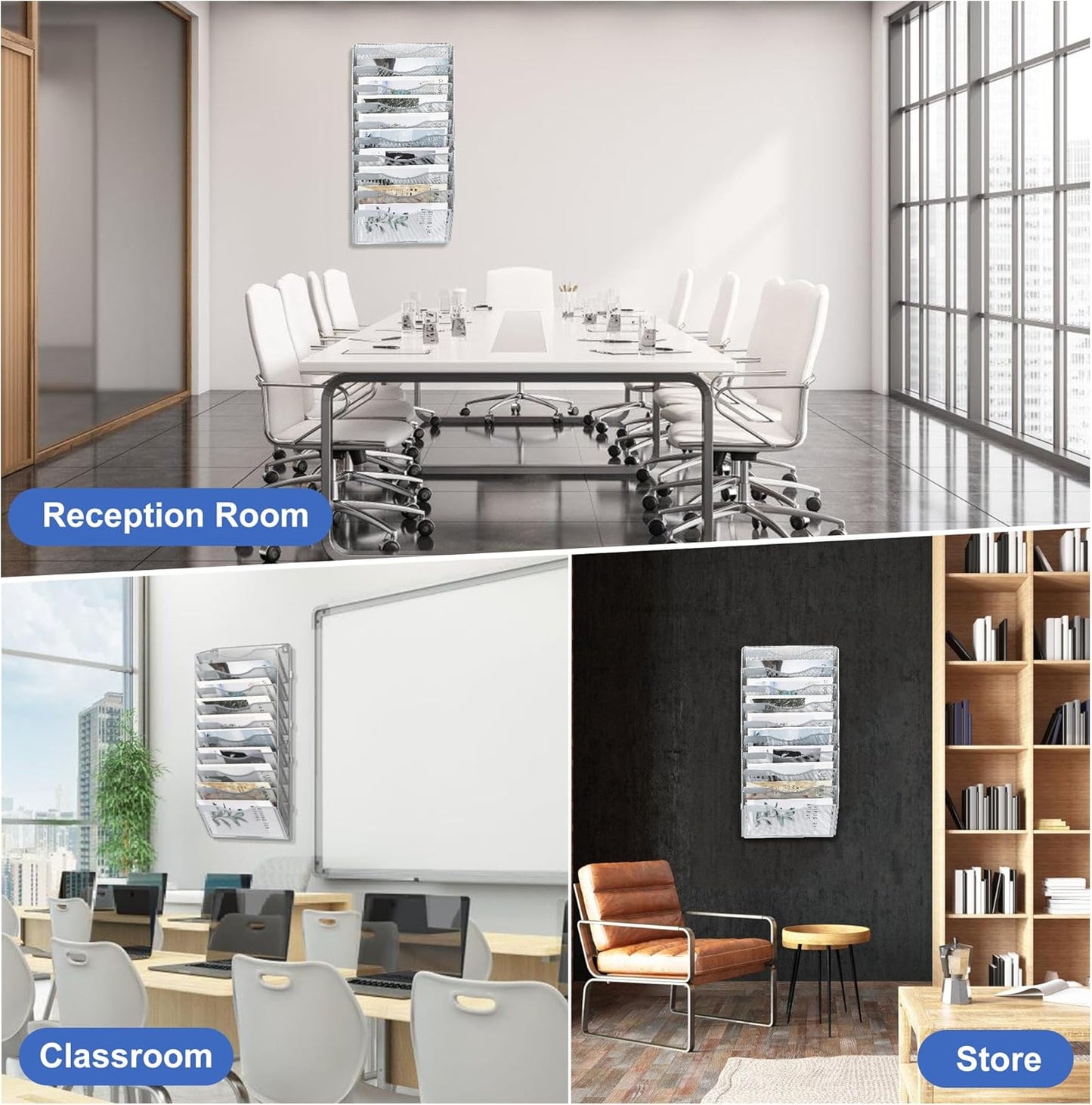 EasyPAG Wall File Holder Organizer 10 Pocket Mesh Hanging Wall Mounted Document Paper Folder Filing Magazine Rack with Nametag Label for Office Home School, Sliver