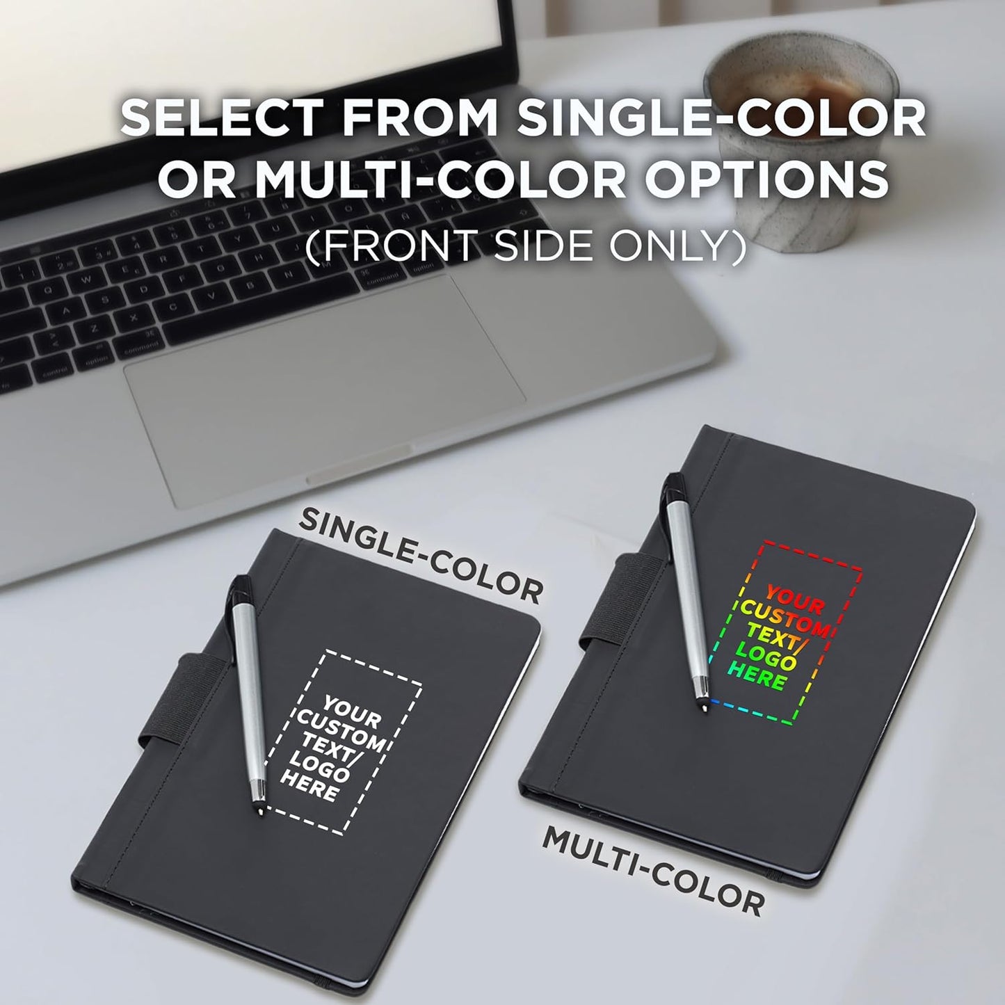 DISCOUNT PROMOS 50 Executive Notebooks with Pen Pack - Customizable Text, Logo - 6 x 8.5 inches, Recycled, Pen Loop, Closure Strap - Black