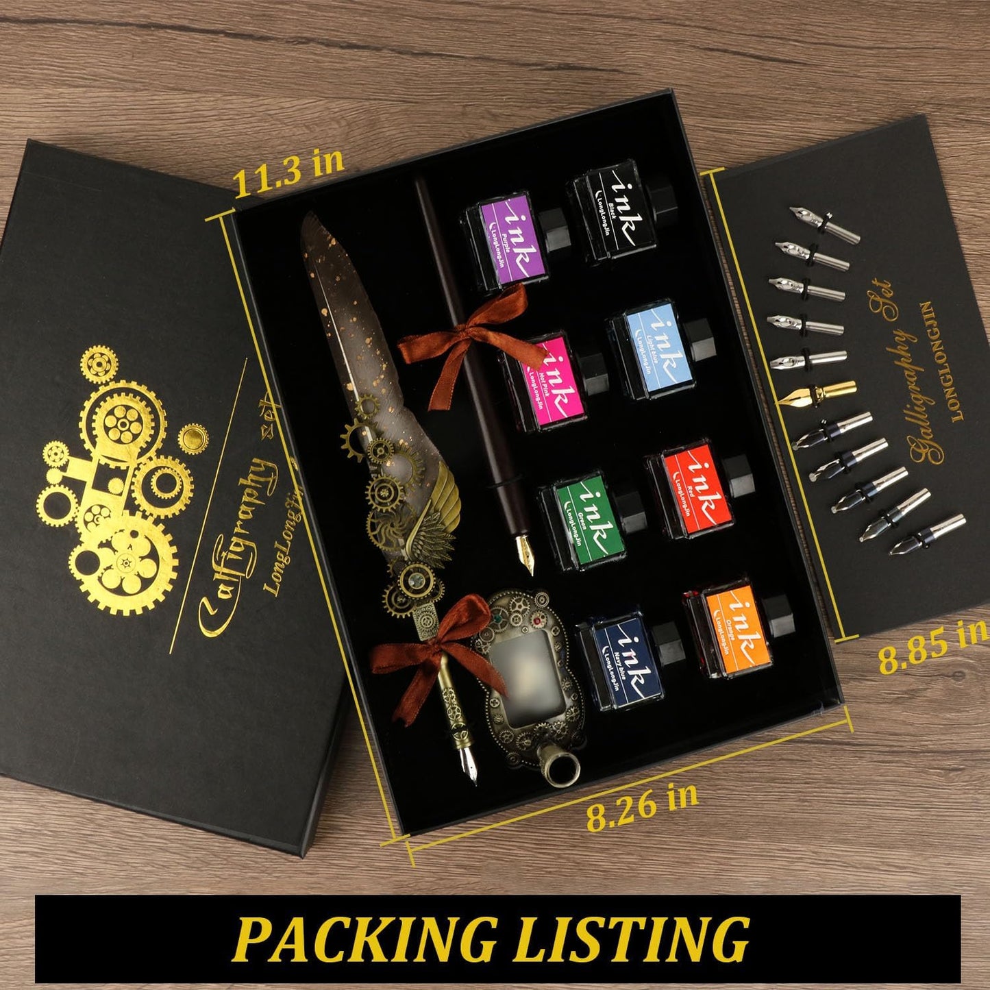 Calligraphy Pens and Ink Set - Calligraphy Kits for Beginners,Quill Pen Includes Dip Pen,8*Colors Ink,11*Calligraphy Pen Nibs(Grey)