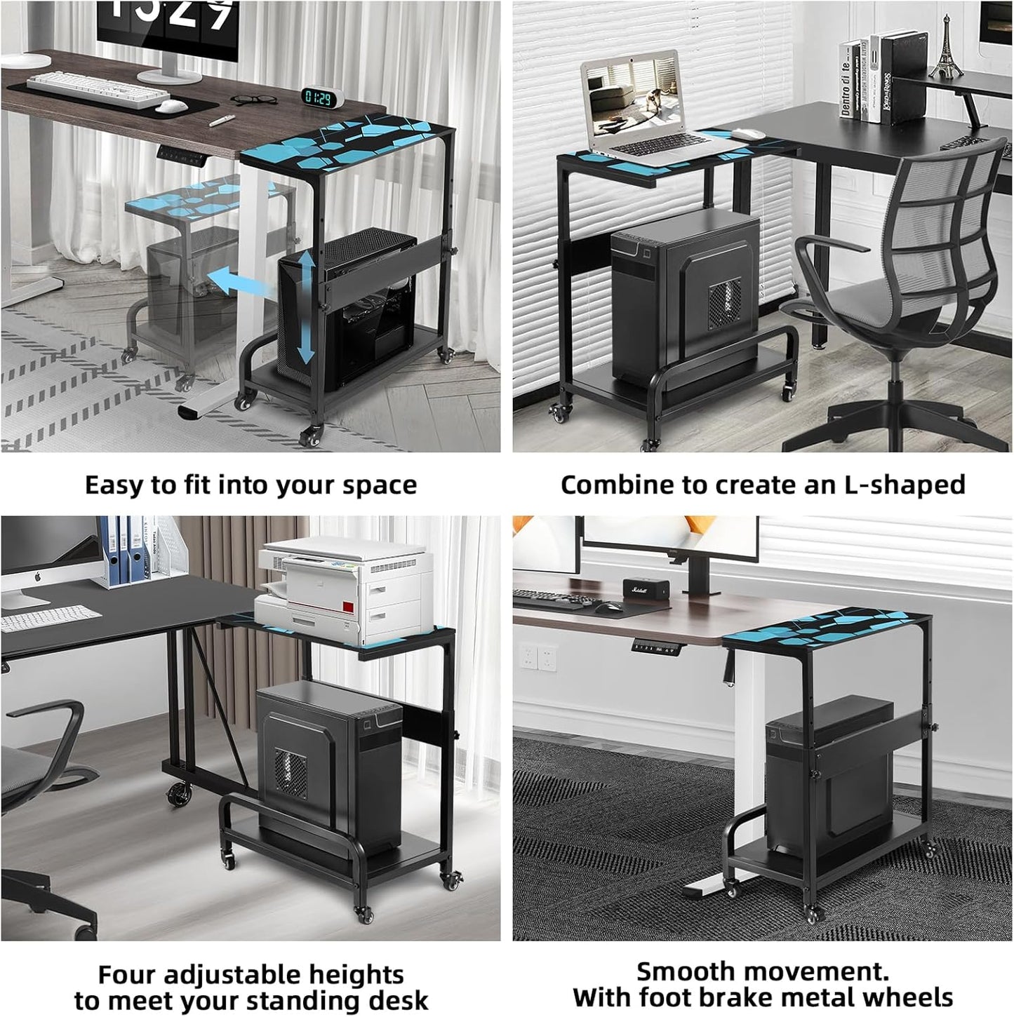 Computer Tower Stand Adjustable, Large for Full Tower with Guard Rail, Metal Wheels, 2-Tier Design, PC Tower Stand for Floor, CPU Holder Cart for ATX, E-ATX, ITX 32.7" X 21.6" X 15.8"