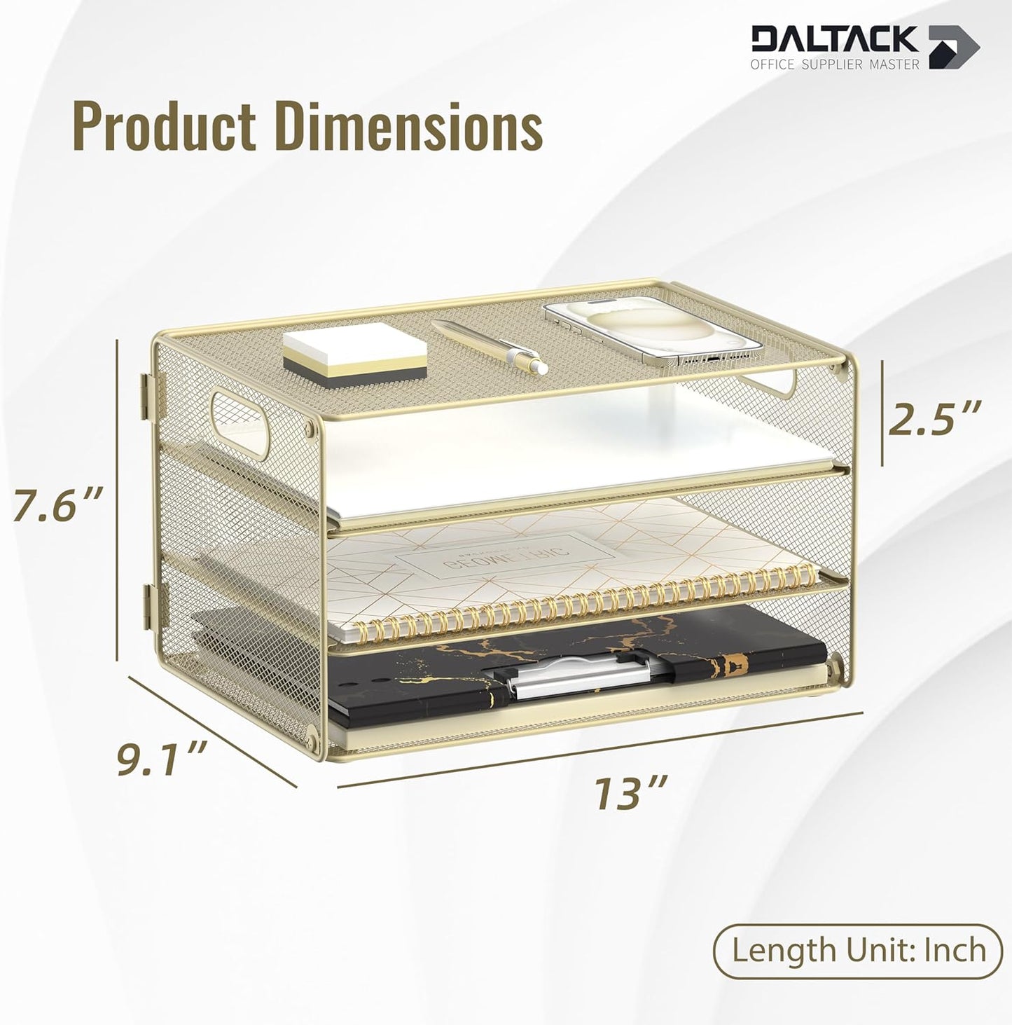 DALTACK 3 Tier Letter Tray Paper Organizer with Handle, Mesh Desk File Organizer, Paper Tray Desk Organizer for School Office Home, Metal Mesh, Golden Yellow