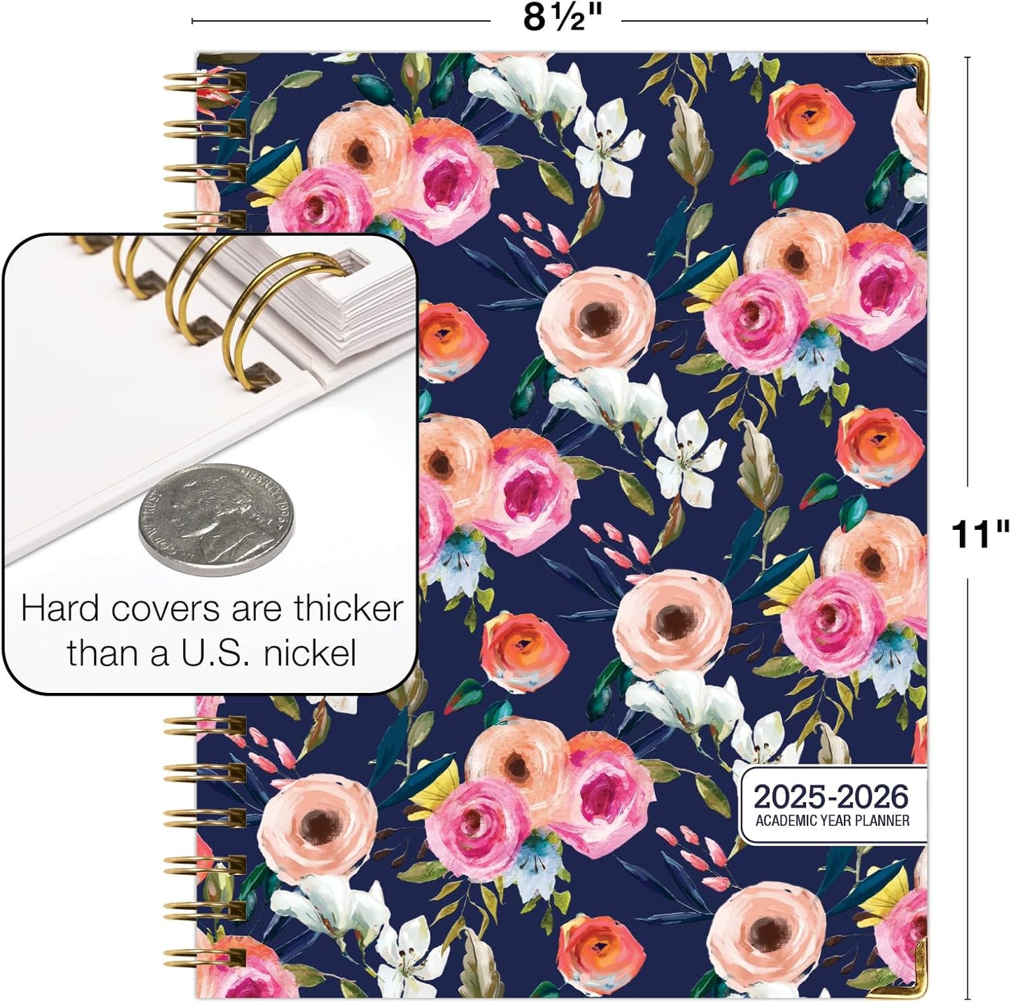 HARDCOVER Academic Year 2025-2026 Planner: (June 2025 Through July 2026) 8.5"x11" Daily Weekly Monthly Planner Yearly Agenda. Bookmark, Pocket Folder and Sticky Note Set (Small Navy Floral)