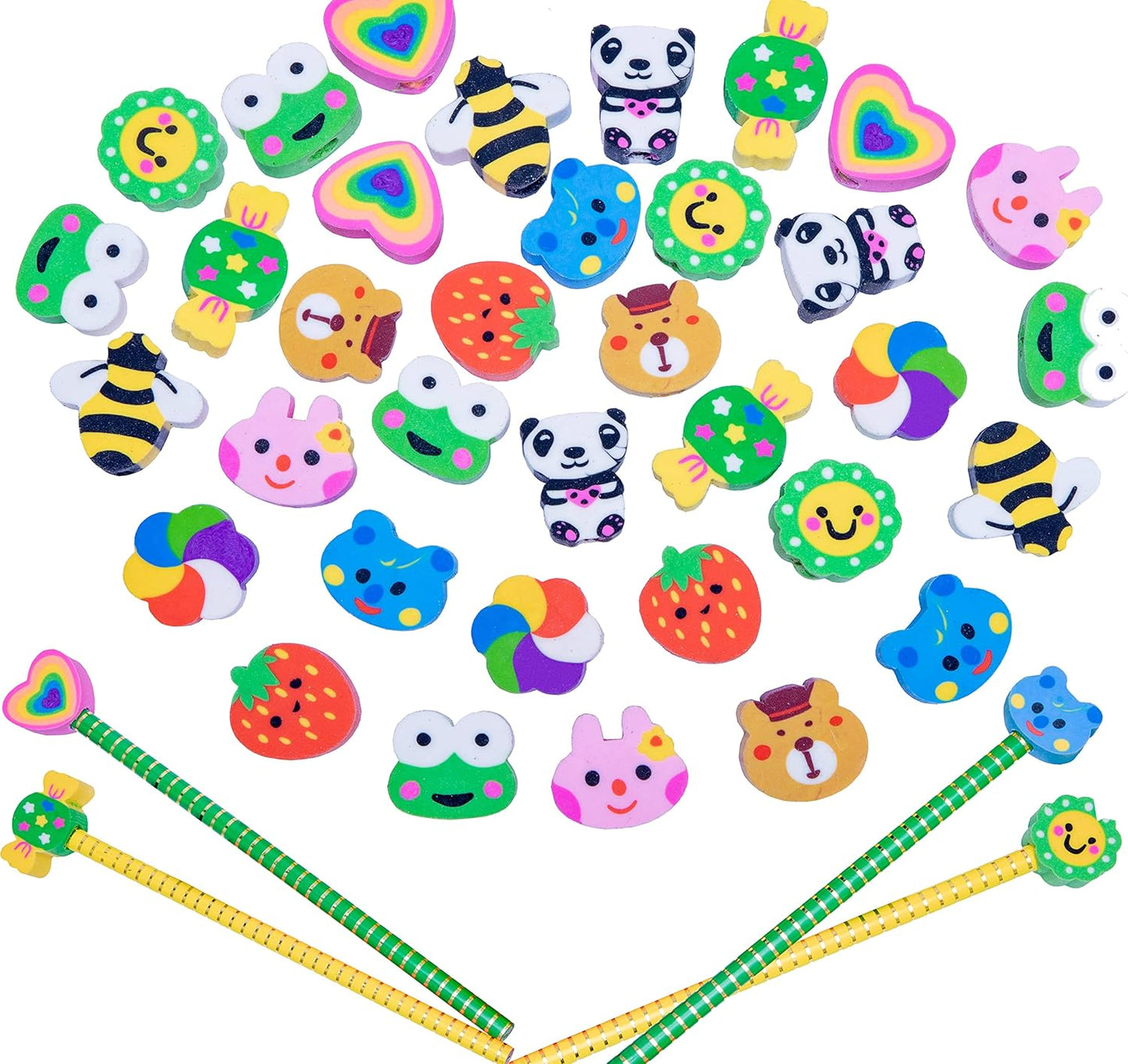 XANADU 35 PCS Pencil Top Erasers, Animal Pencil Erasers Toppers, Cute Heart Cap Erasers for Kids Back to School, Classroom Prize