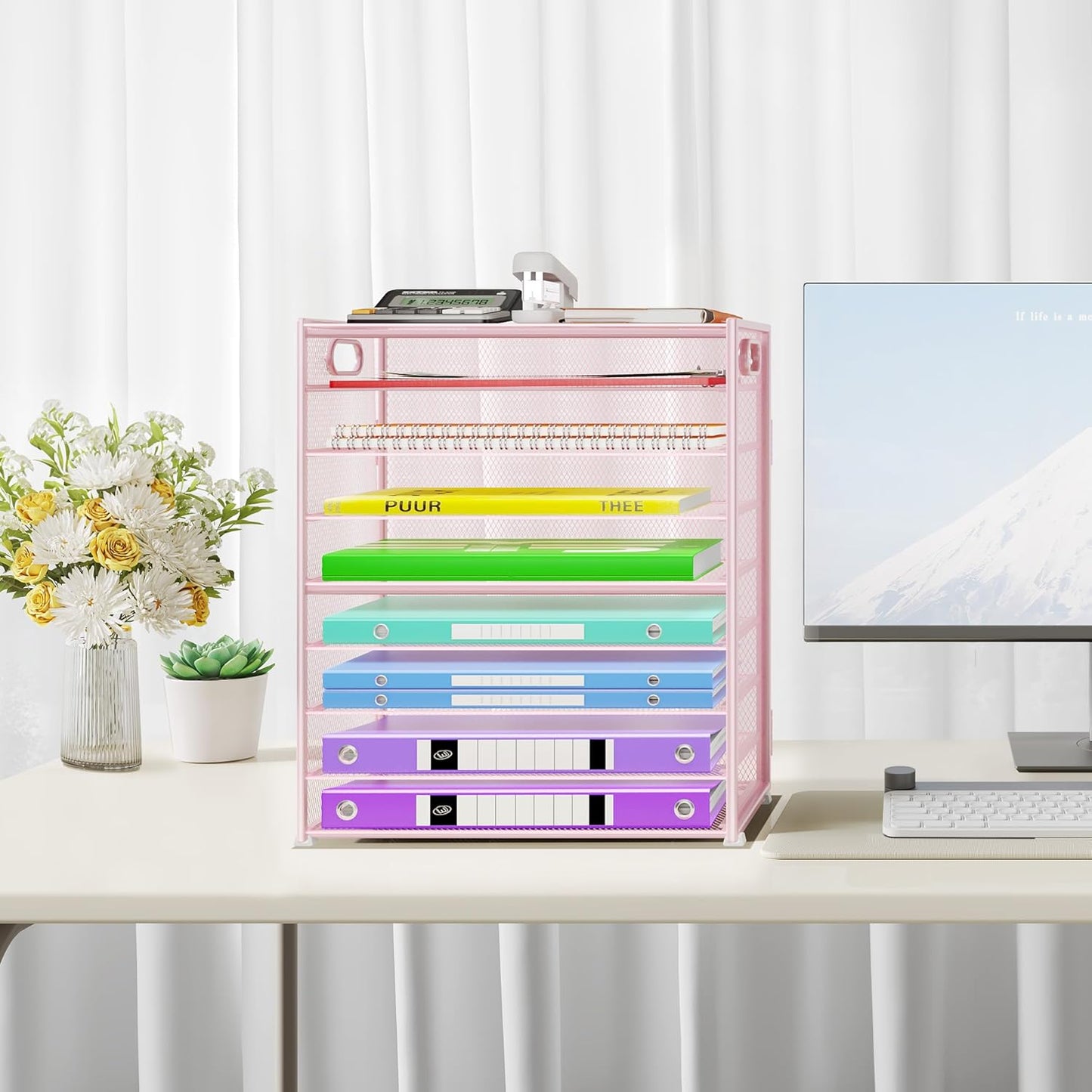 9 Tier Paper Organizer with Handle, Large Capacity Desk Organizer Mesh Paper Letter Tray File Folder Document Sorter for Classroom and Office Accessories Organization- Pink (2 Pack)