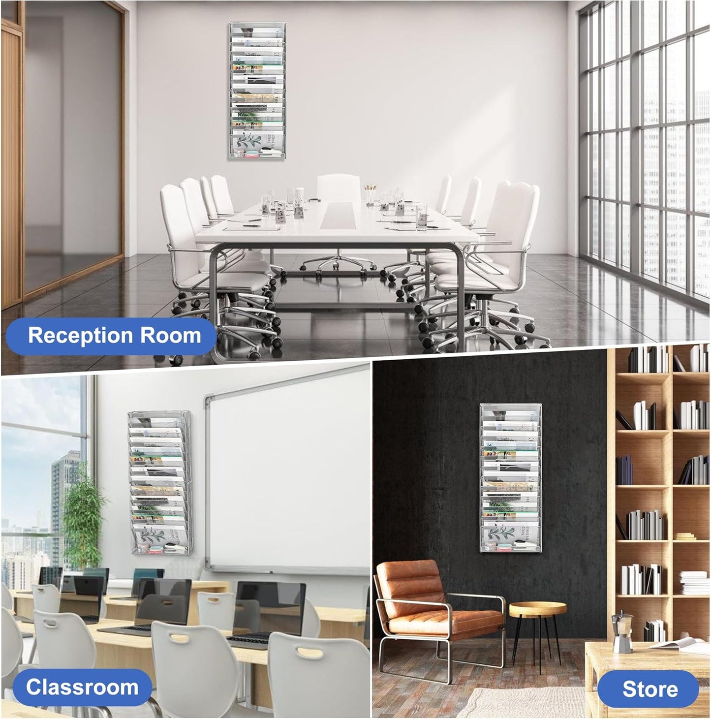 EasyPAG Wall File Holder Organizer 14 Tier Mesh Hanging Wall Mounted Document Paper Folder Filing Magazine Rack with Nametag Label for Office Home School, Silver