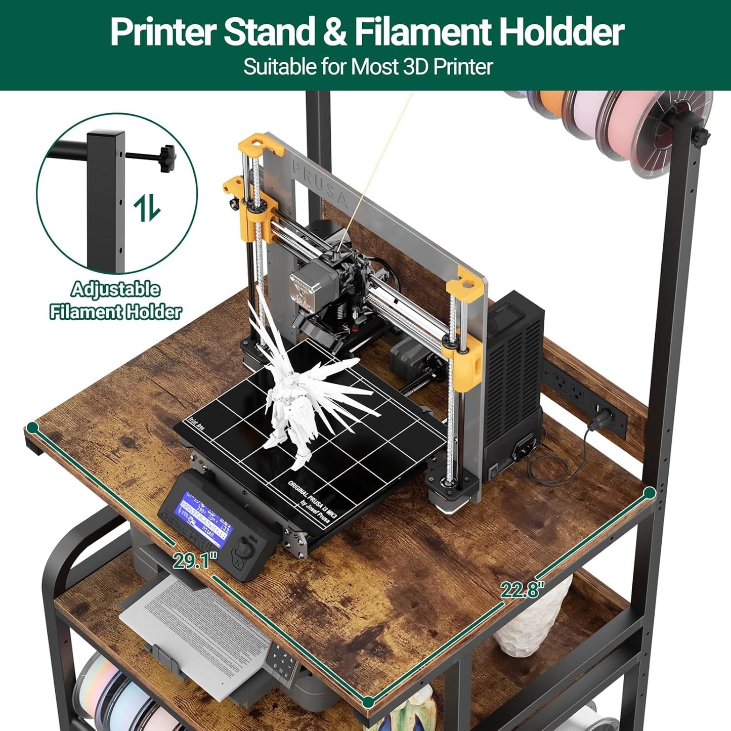 Homieasy Printer Stand with Charging Station, 29.1" x 22.8" Large 3D Printer Table with Filament Storage, Heavy Duty Rolling Printer Cart with 4-Tier Storage for Workshop/Office/Garage, Rustic Brown