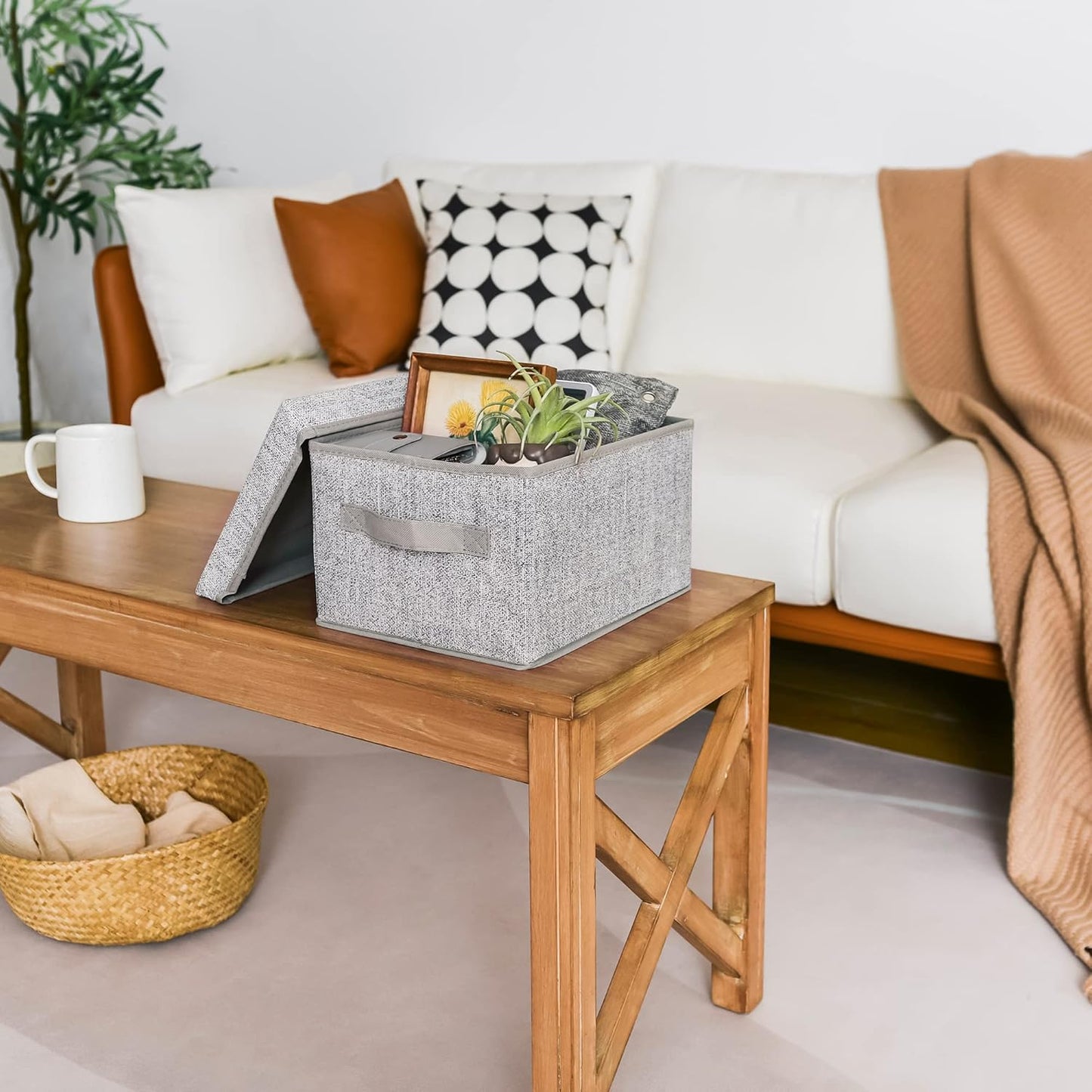 GRANNY SAYS Closet Storage Bins, Fabric Boxes with Lids, Shelf Baskets for Closet Organization, Stackable Storage Containers, Gray, Medium, 3-Pack