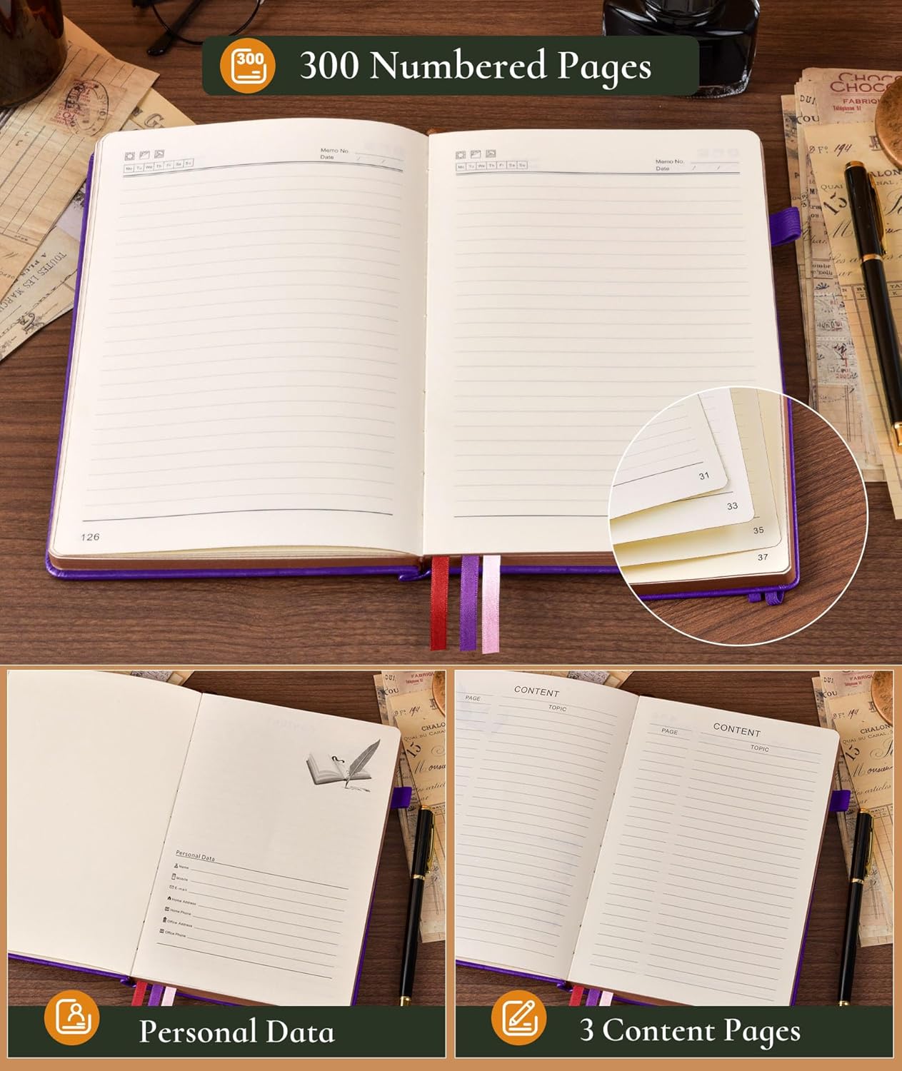 Vintage Leather Journal with 300 Numbered Pages,B5 Lined Journal for Men Women,Daily Journals for Writing,College Ruled Notebook for Work,School,Note taking,Travel Diary,Large (7" x 10")