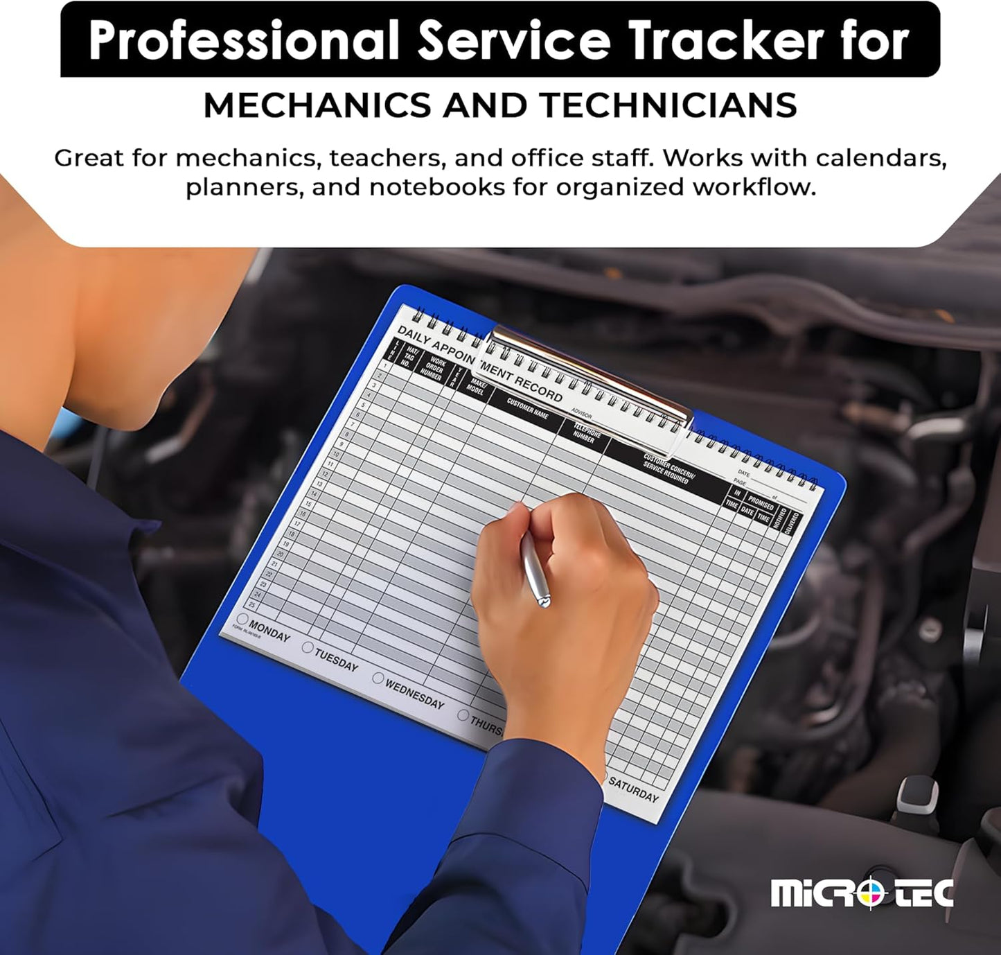 MICRO TEC Daily Appointment Record Log Books β 8.5" Γ 11" Spiral Bound Planner β Durable 90# Paper Notebook for Auto Repair Shops, Service Advisors & Daily Tracking - 100 Pages/Book (Book of 1)